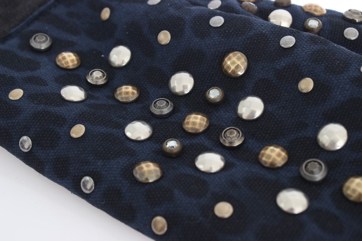 Dolce & Gabbana Gray Wool Shearling Studded Blue Leopard Gloves Dolce & Gabbana