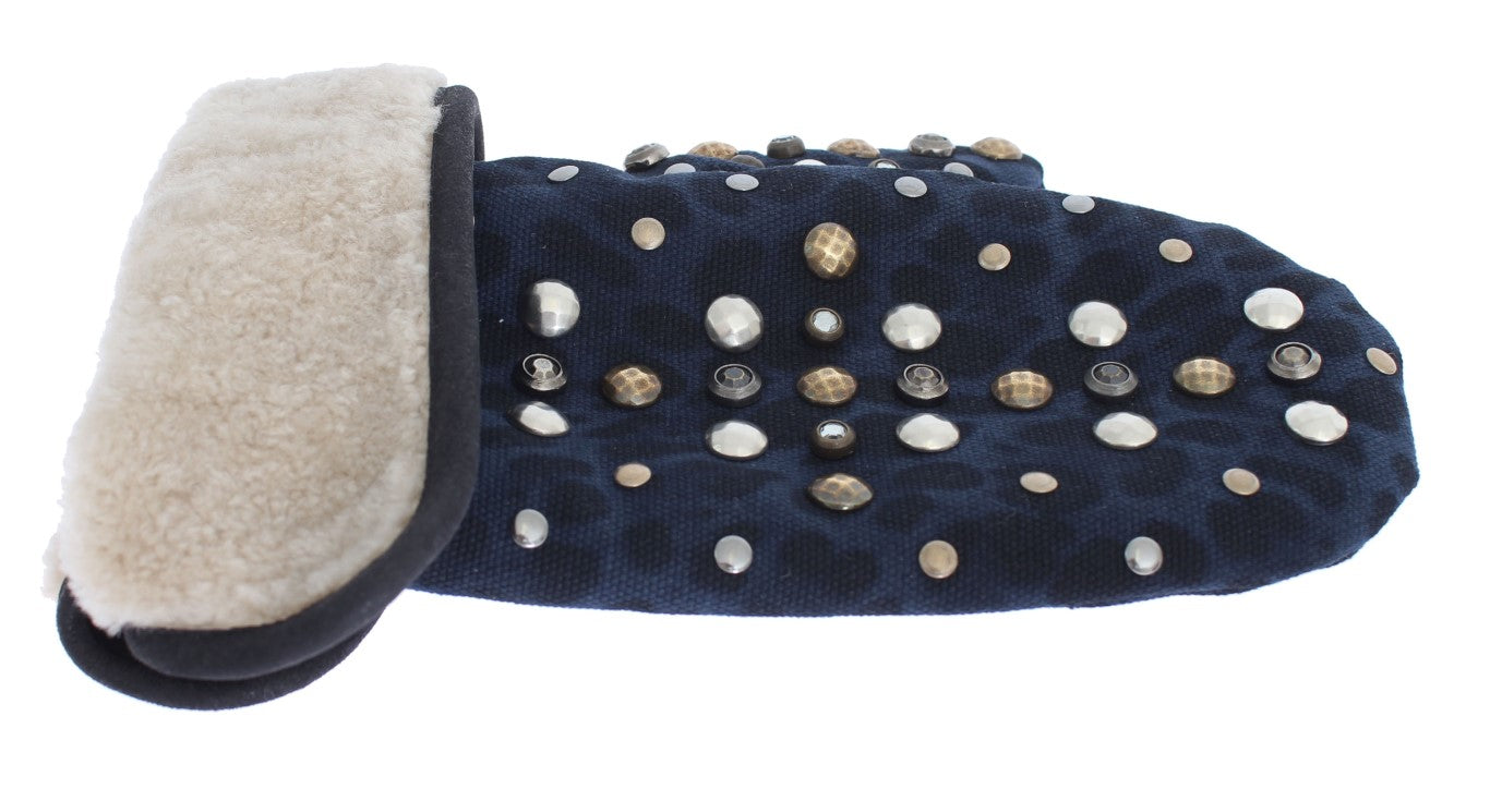 Dolce & Gabbana Gray Wool Shearling Studded Blue Leopard Gloves Dolce & Gabbana
