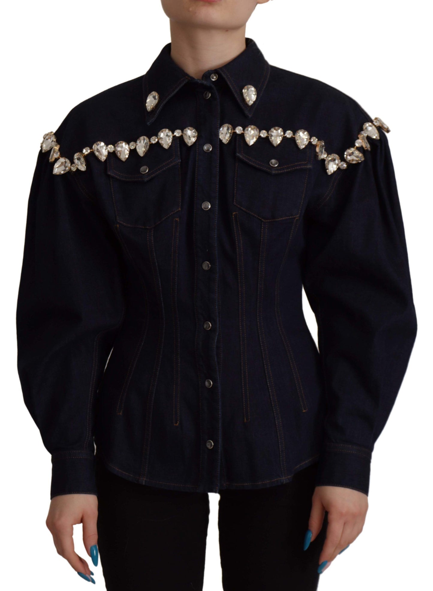 Dolce & Gabbana Blue Denim Crystal Embellish Cotton Jacket Dolce & Gabbana