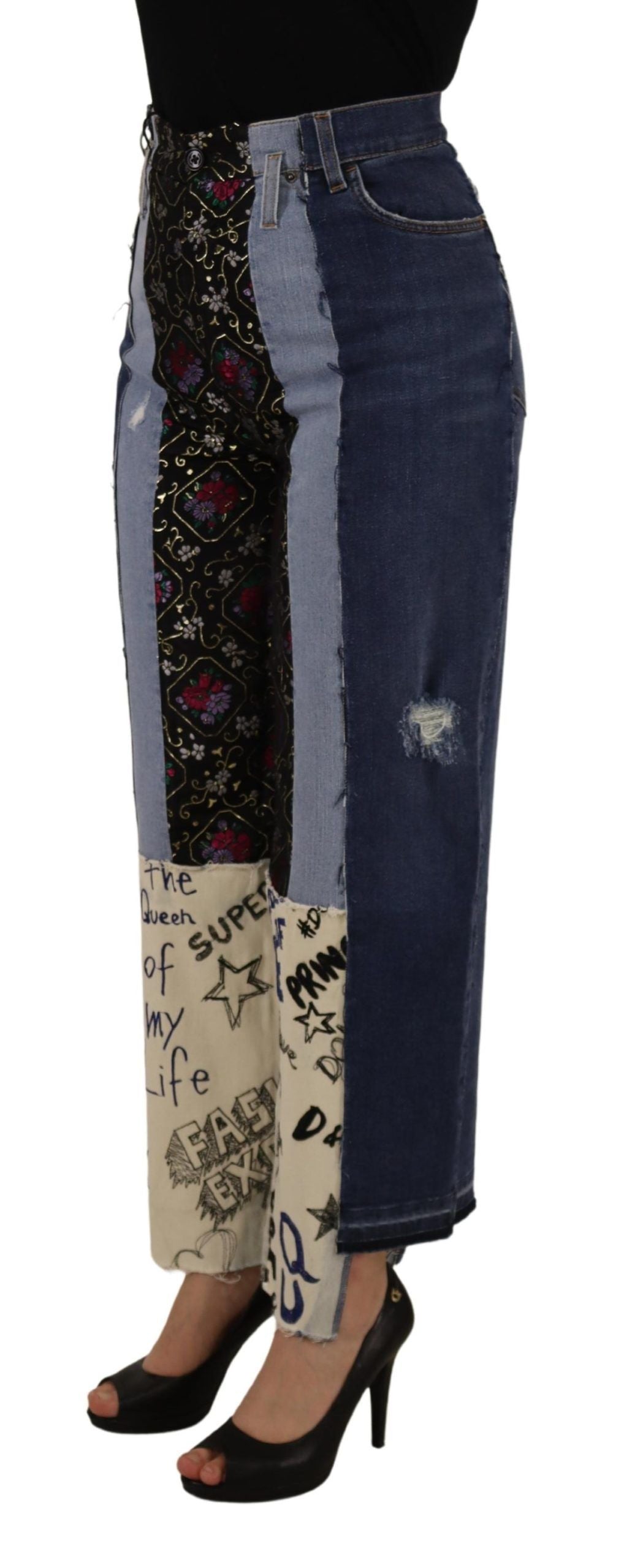 Dolce & Gabbana Multicolor Patchwork DG Fashion Wide Leg Denim Pant Dolce & Gabbana