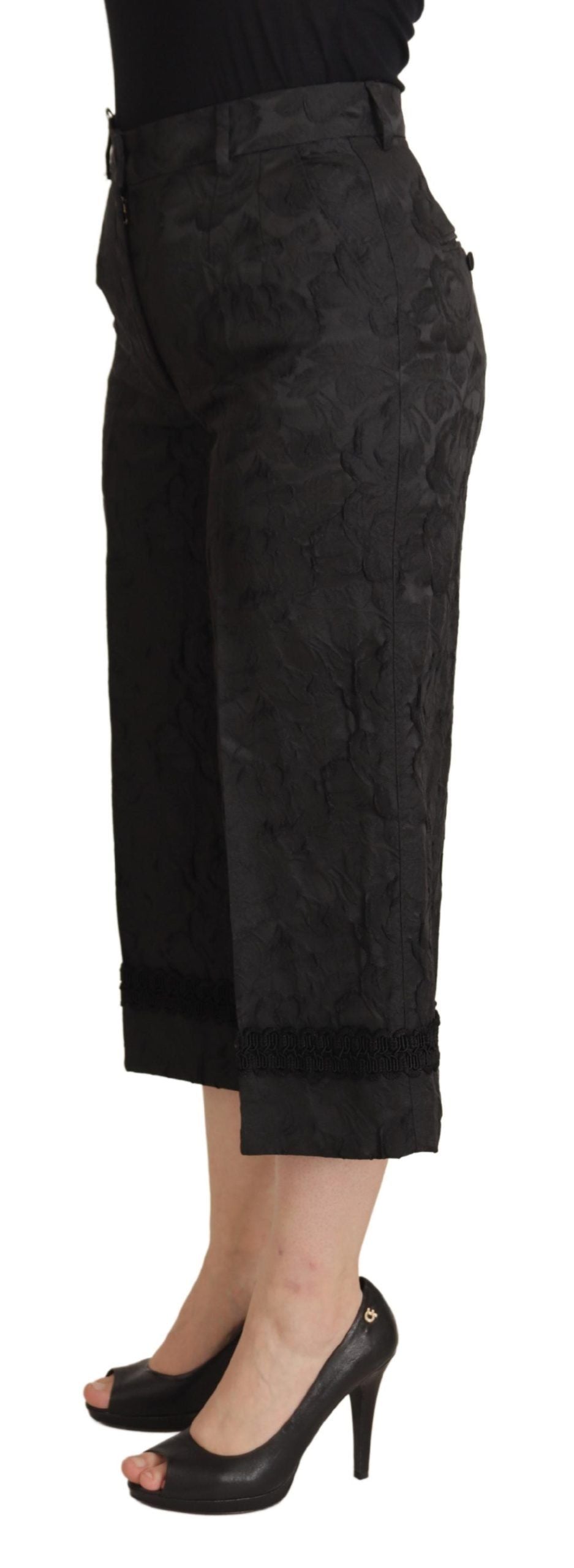 Dolce & Gabbana Black Brocade Cropped High Waist Pants Dolce & Gabbana