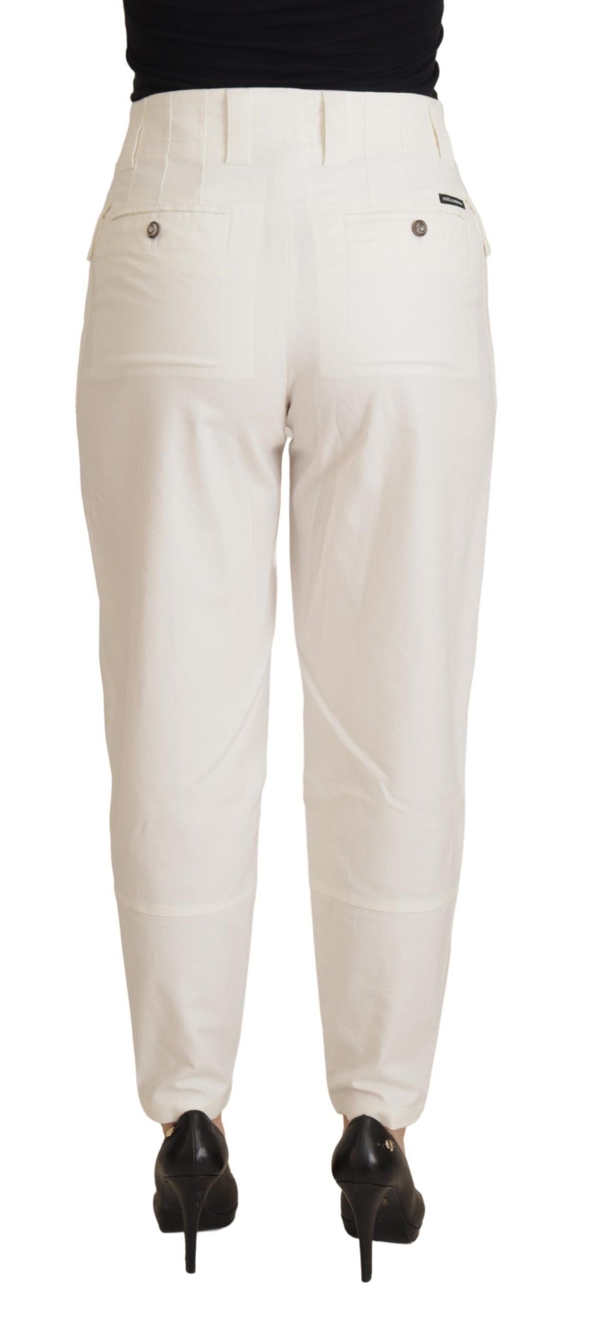 Dolce & Gabbana White High Waist Tapered Women Cotton Pants Dolce & Gabbana