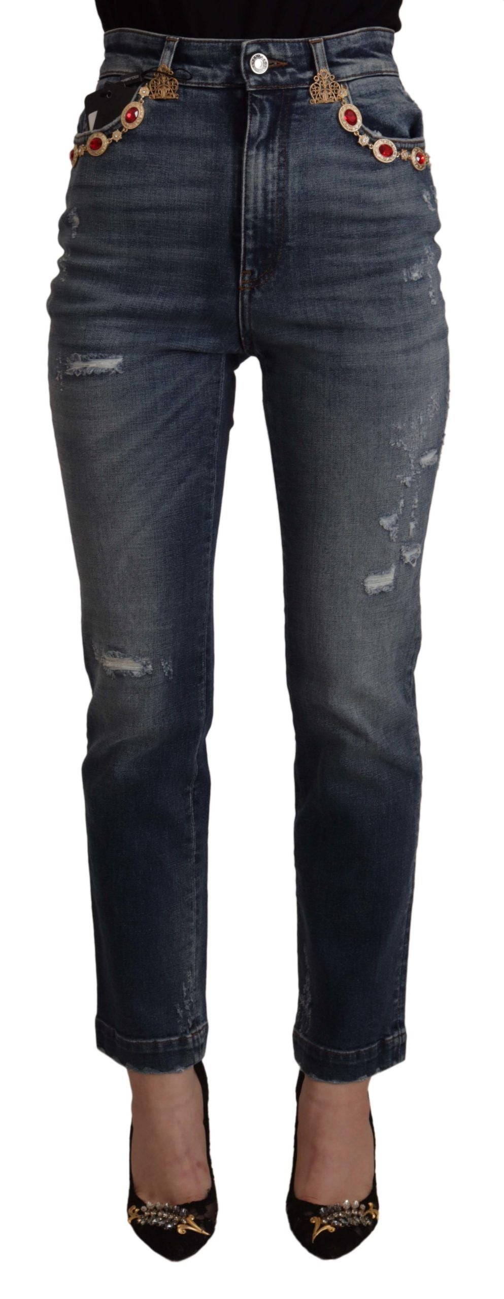 Dolce & Gabbana Blue Denim Crystal Embellished Pants Jeans Dolce & Gabbana