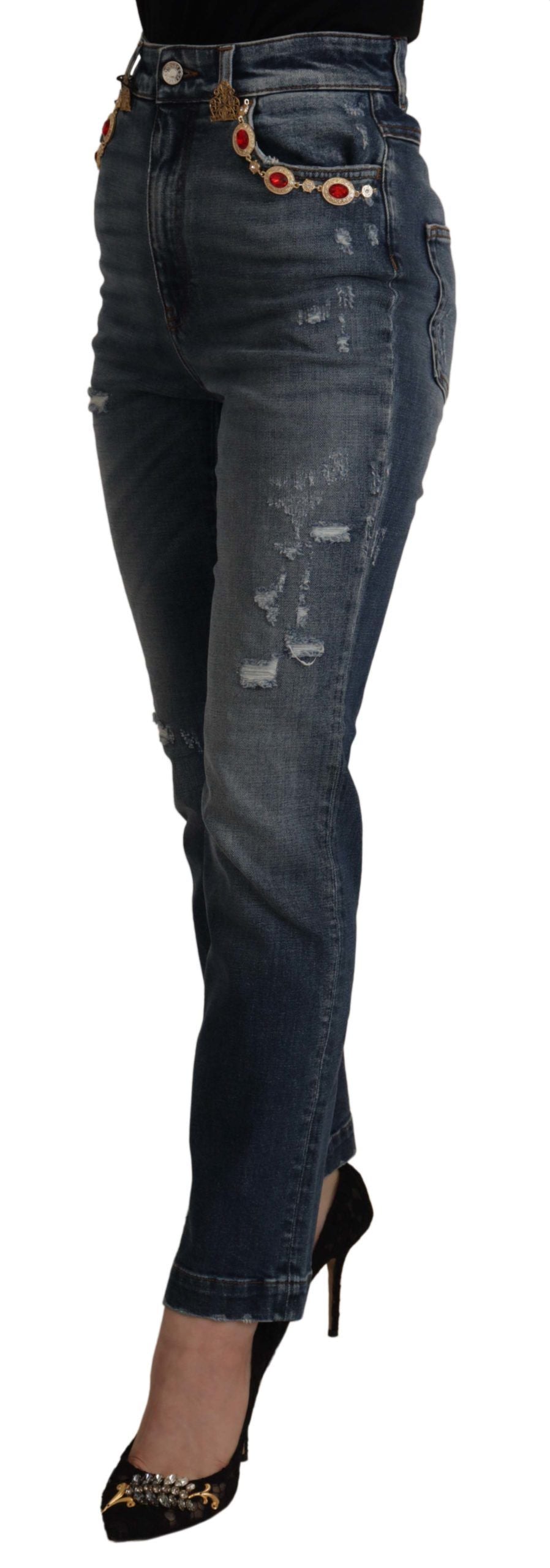 Dolce & Gabbana Blue Denim Crystal Embellished Pants Jeans Dolce & Gabbana
