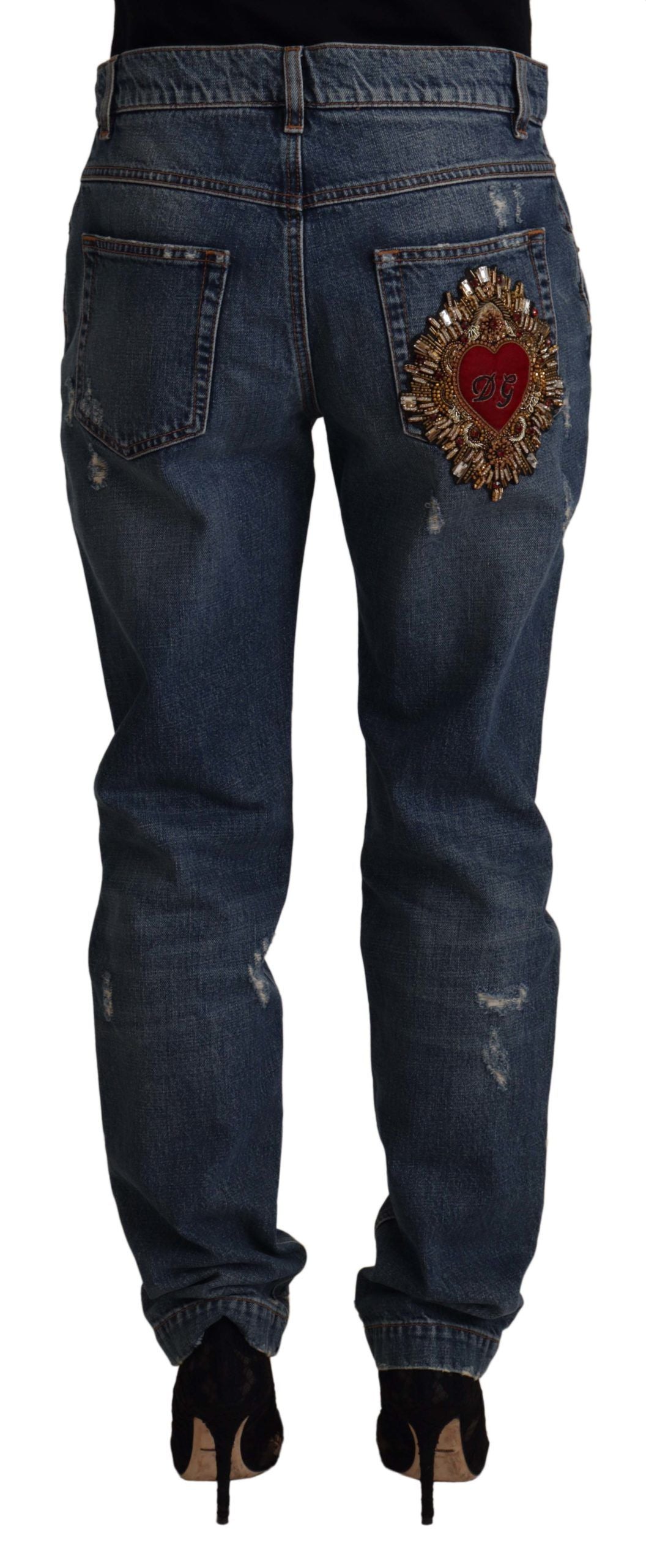 Dolce & Gabbana Blue Denim Baroque Heart Logo Patch Pants Jeans Dolce & Gabbana