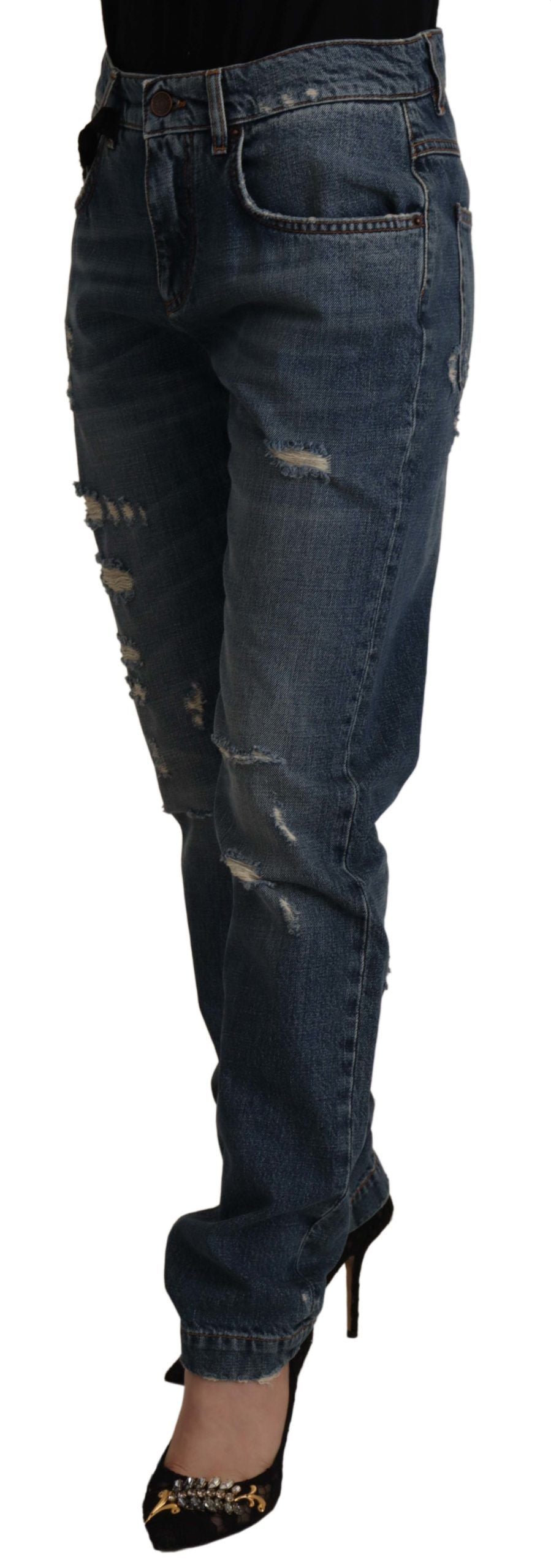 Dolce & Gabbana Blue Denim Baroque Heart Logo Patch Pants Jeans Dolce & Gabbana