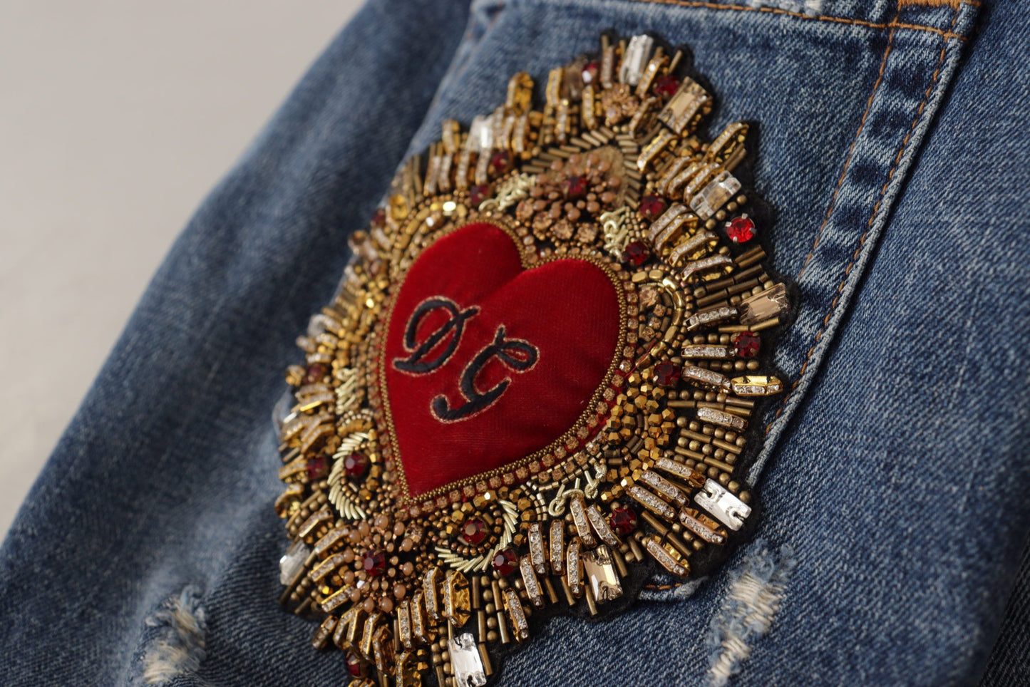 Dolce & Gabbana Blue Denim Baroque Heart Logo Patch Pants Jeans Dolce & Gabbana