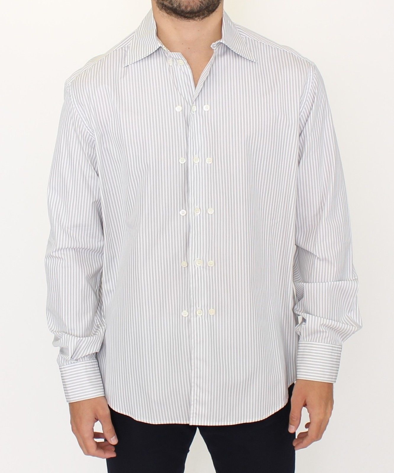 Ermanno Scervino White Gray Striped Regular Fit Casual Shirt Ermanno Scervino