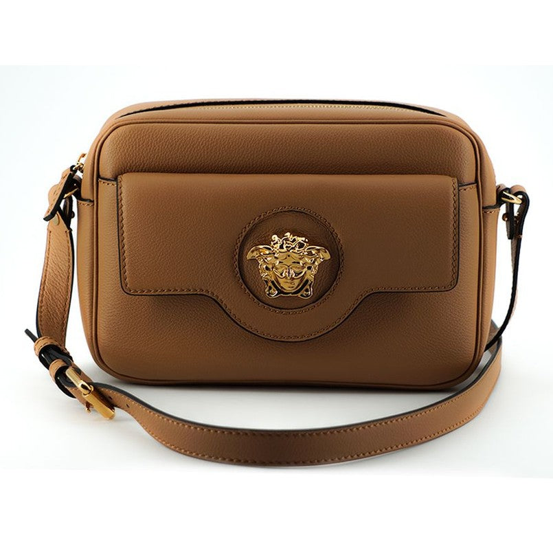 Versace Elegant Brown Leather Camera Case Shoulder Bag Versace