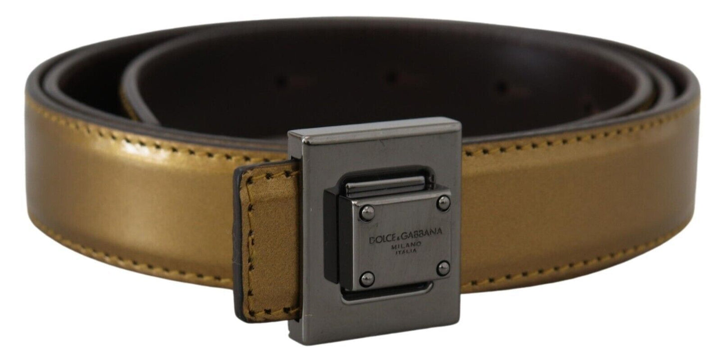 Dolce & Gabbana Gold Leather Silver Square Metal Buckle Belt Dolce & Gabbana