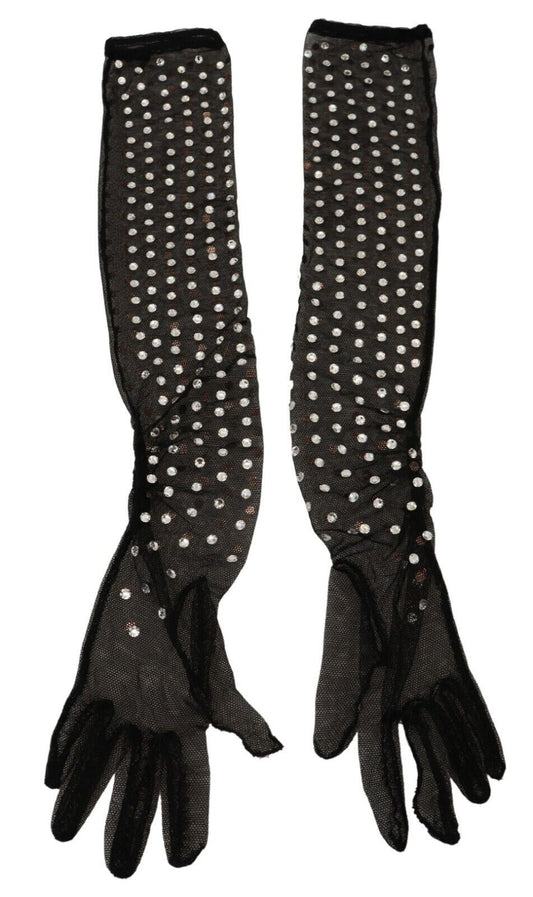 Dolce & Gabbana Black Crystal Elbow Length Cotton Tulle Gloves Dolce & Gabbana
