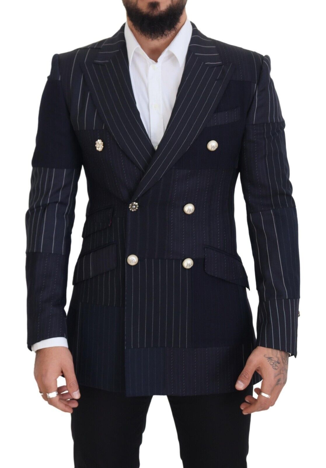 Dolce & Gabbana Blue Wool Patchwork Double Breasted Blazer Dolce & Gabbana