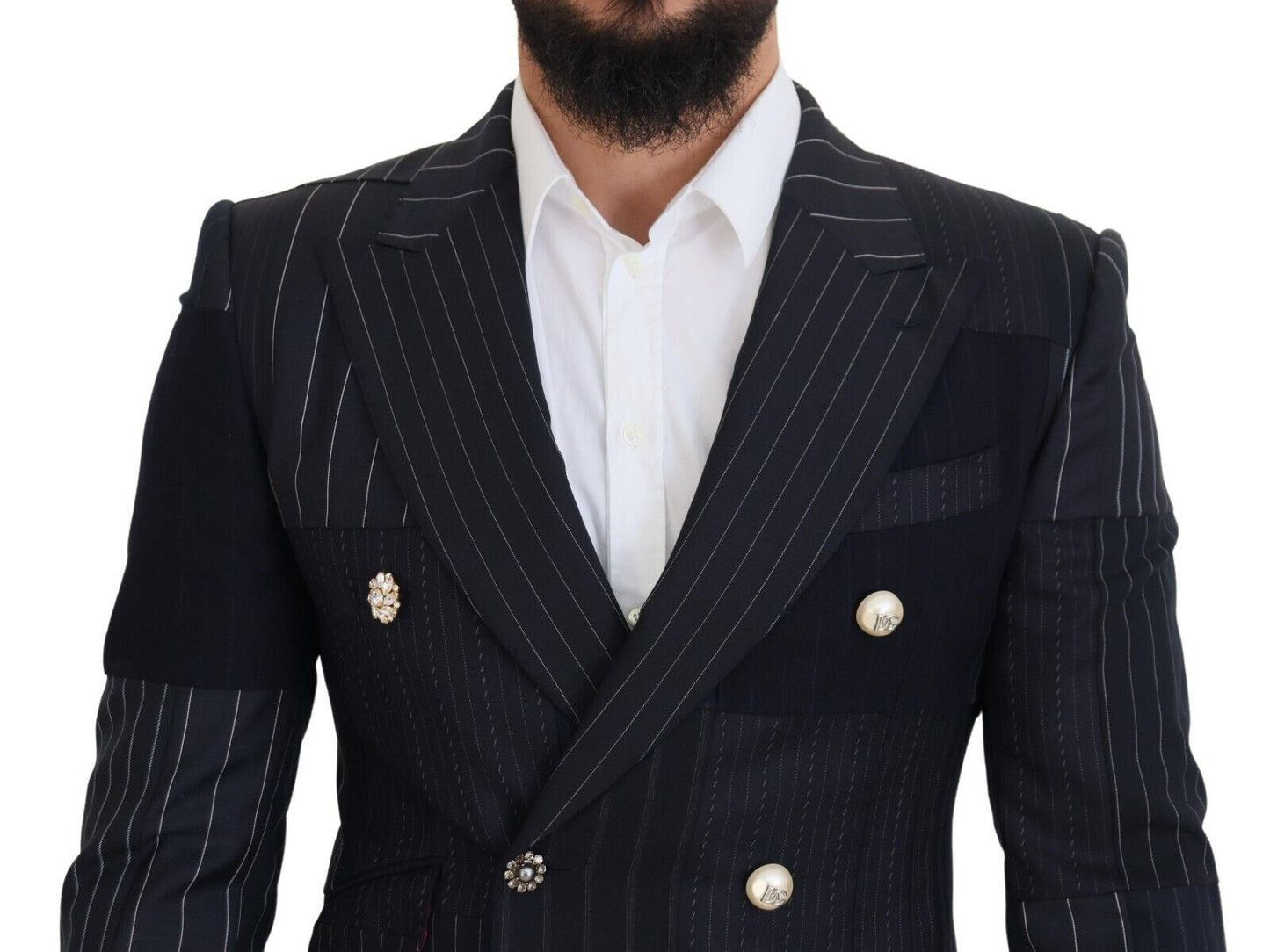 Dolce & Gabbana Blue Wool Patchwork Double Breasted Blazer Dolce & Gabbana