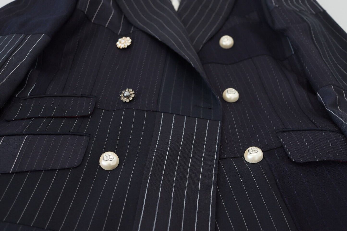 Dolce & Gabbana Blue Wool Patchwork Double Breasted Blazer Dolce & Gabbana