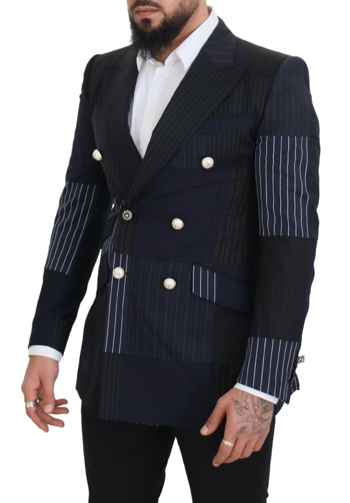 Dolce & Gabbana Blue Wool Patchwork Double Breasted Blazer Dolce & Gabbana