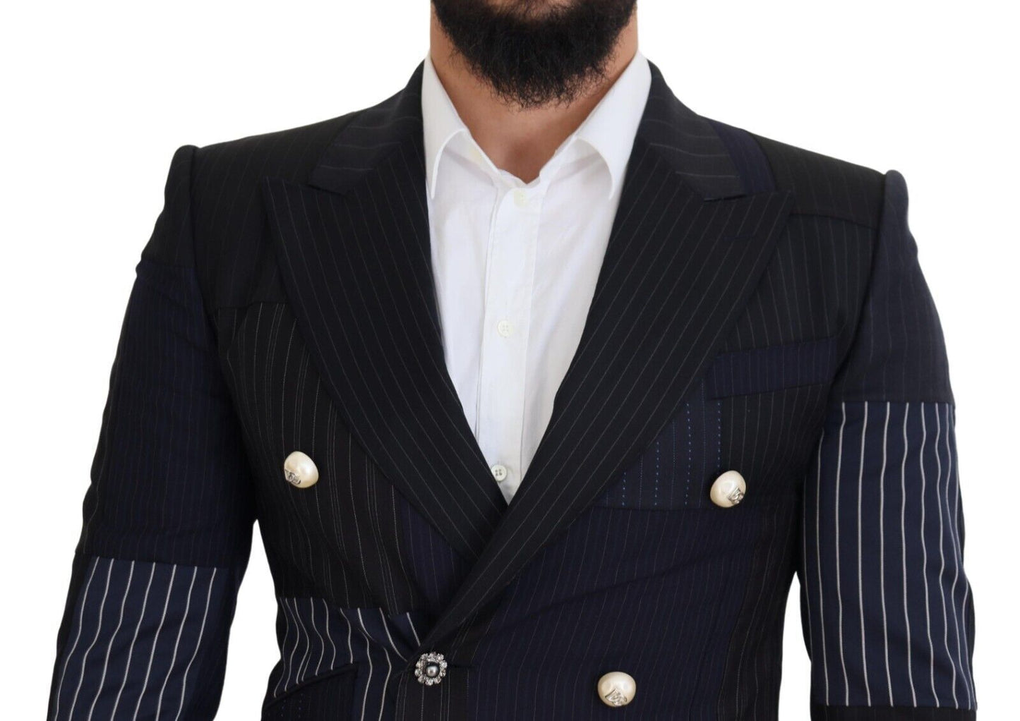 Dolce & Gabbana Blue Wool Patchwork Double Breasted Blazer Dolce & Gabbana