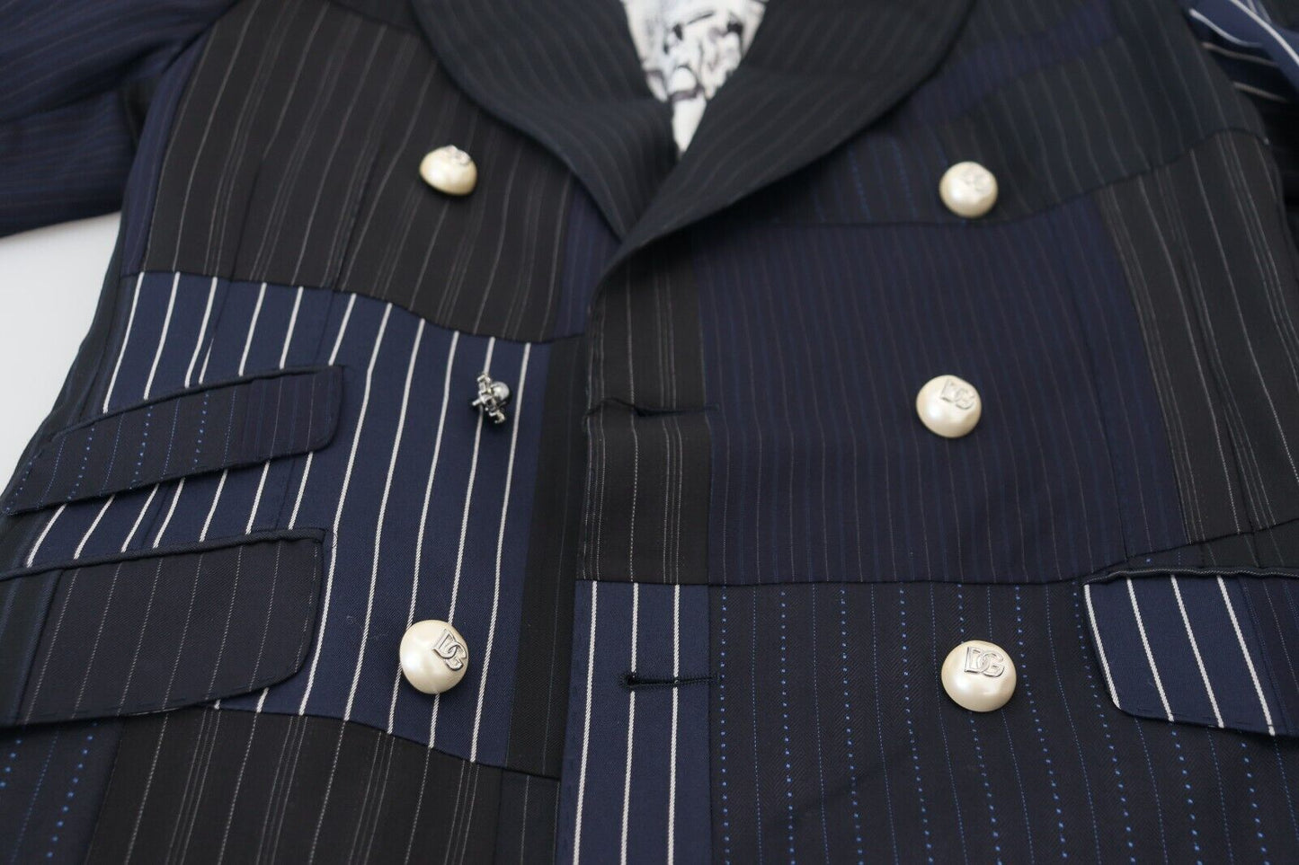 Dolce & Gabbana Blue Wool Patchwork Double Breasted Blazer Dolce & Gabbana