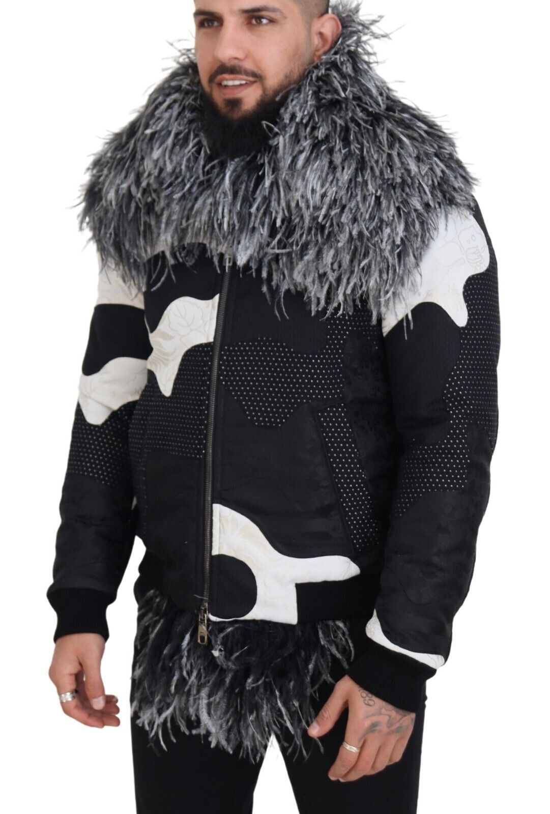 Dolce & Gabbana Black White Fur Shearling Full Zip Jacket Dolce & Gabbana