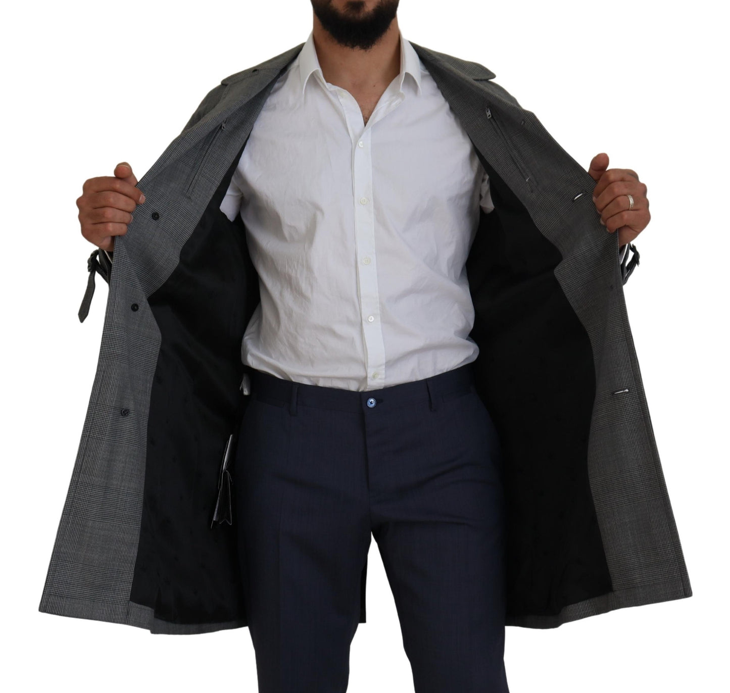 Dolce & Gabbana Gray Wool Plaid Long Trench Coat Jacket Trench Coat Jacket Dolce & Gabbana