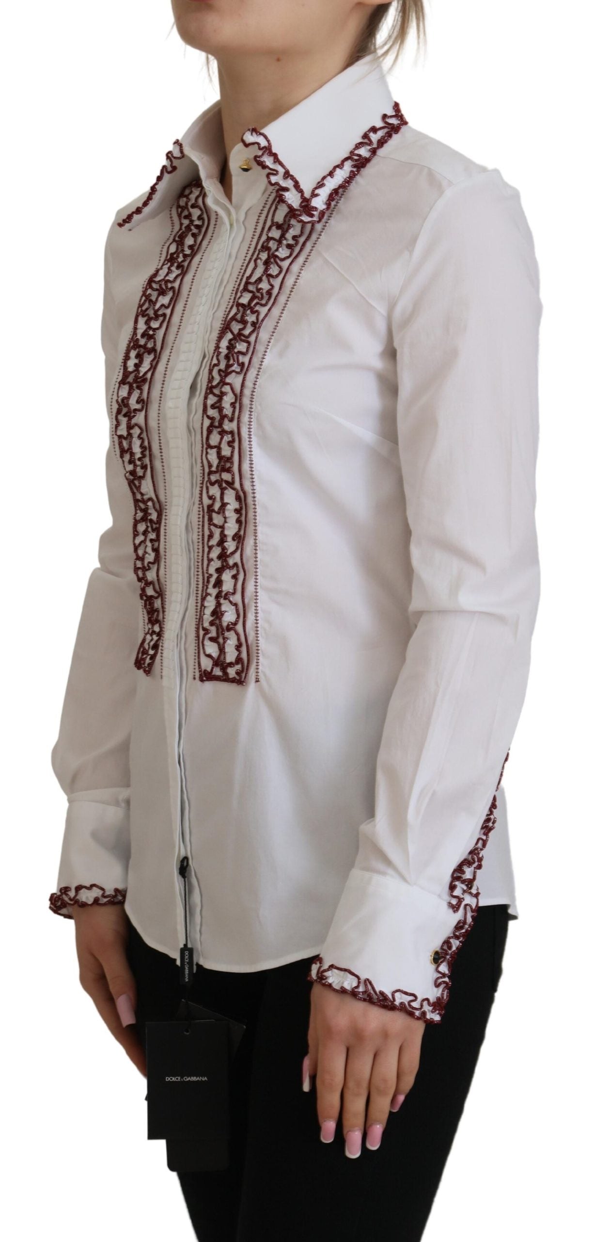 Dolce & Gabbana White Lace Long Sleeves Ruffle Collar Top Dolce & Gabbana