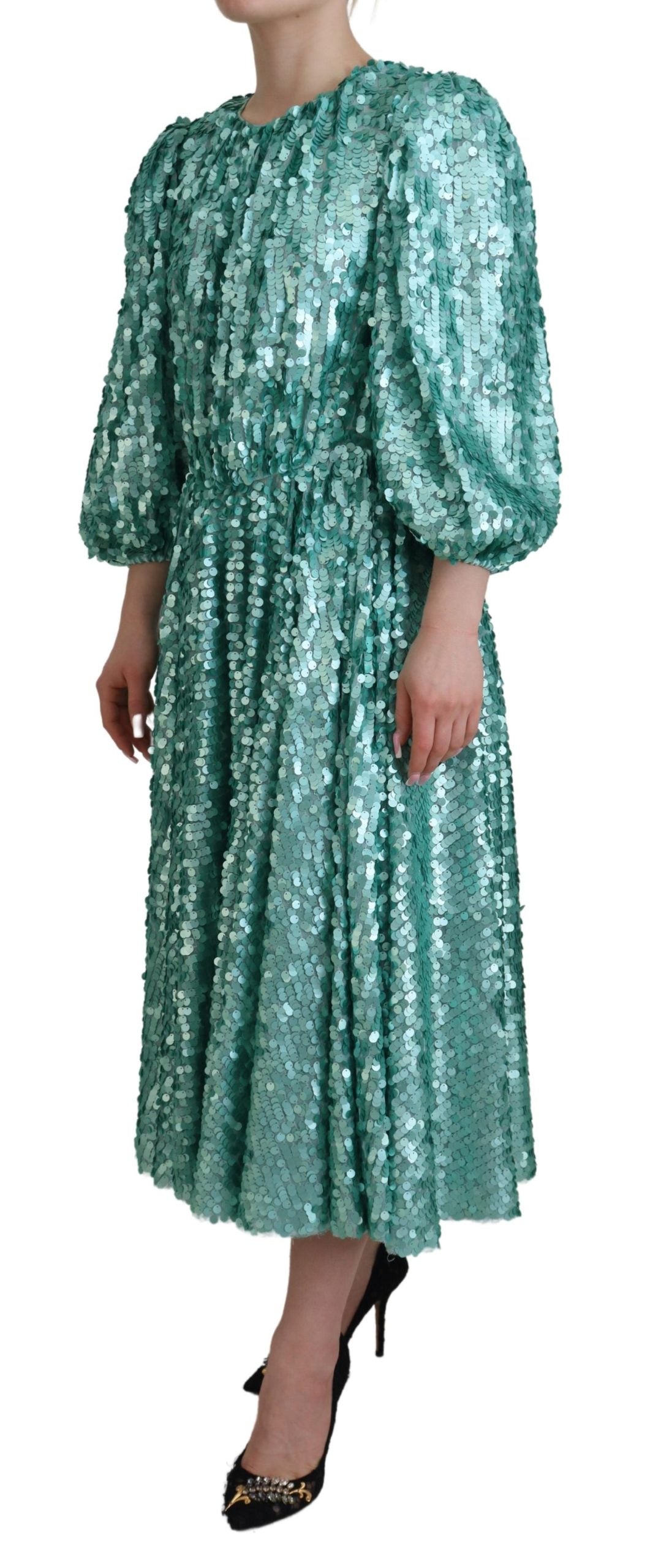 Dolce & Gabbana Blue Sequined Pleated Aline Midi Nylon Dress Dolce & Gabbana