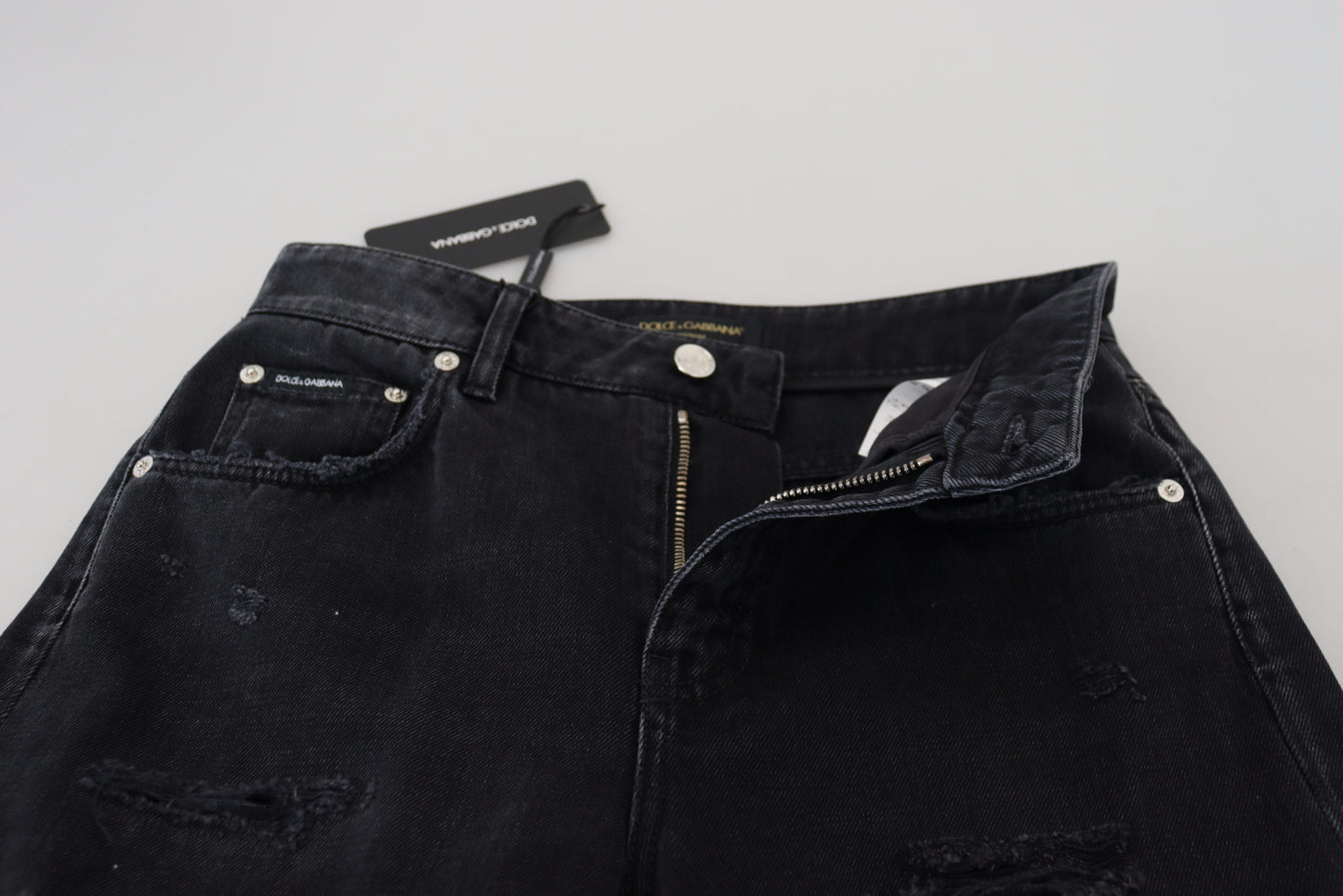 Dolce & Gabbana Black Cotton Tattered High Waist Denim Jeans Dolce & Gabbana