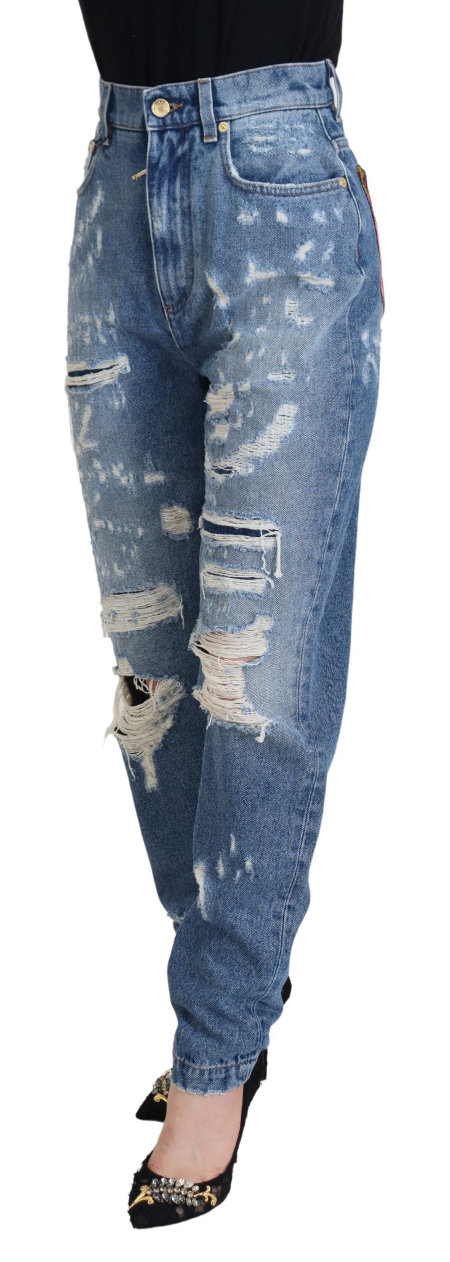 Dolce & Gabbana Blue Washed Cotton Tattered Denim Jeans Dolce & Gabbana