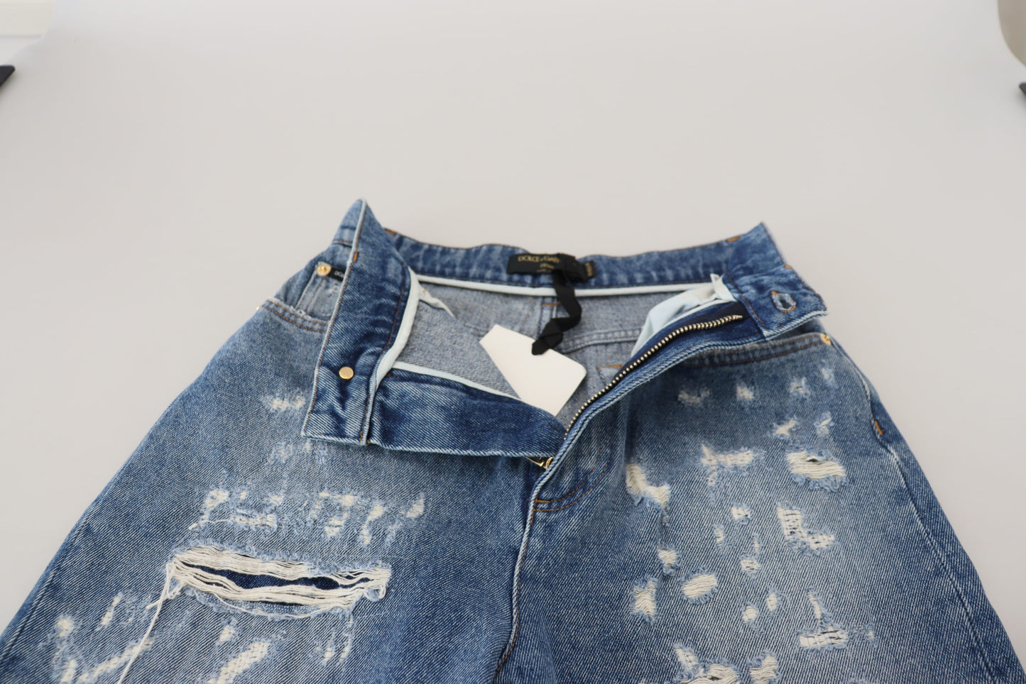 Dolce & Gabbana Blue Washed Cotton Tattered Denim Jeans Dolce & Gabbana