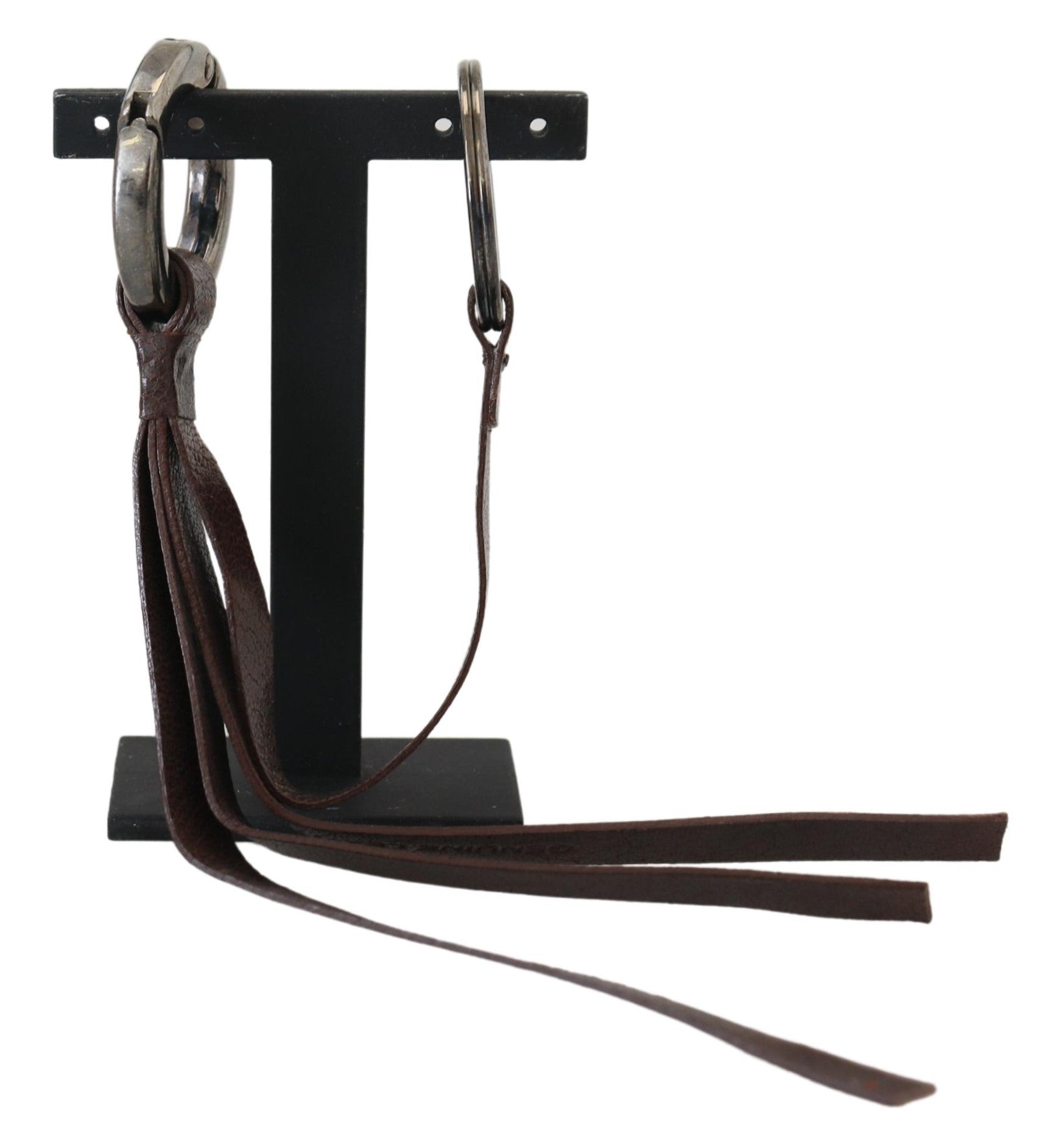 Costume National Brown Leather Silver Tone Metal Keyring Keychain Costume National