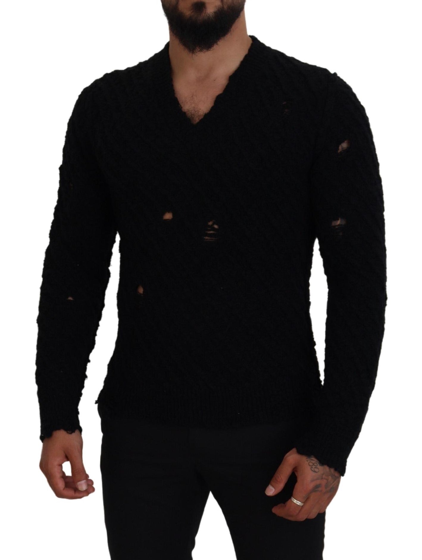 Dolce & Gabbana Black Wool V-neck Knitted Pullover Sweater Dolce & Gabbana