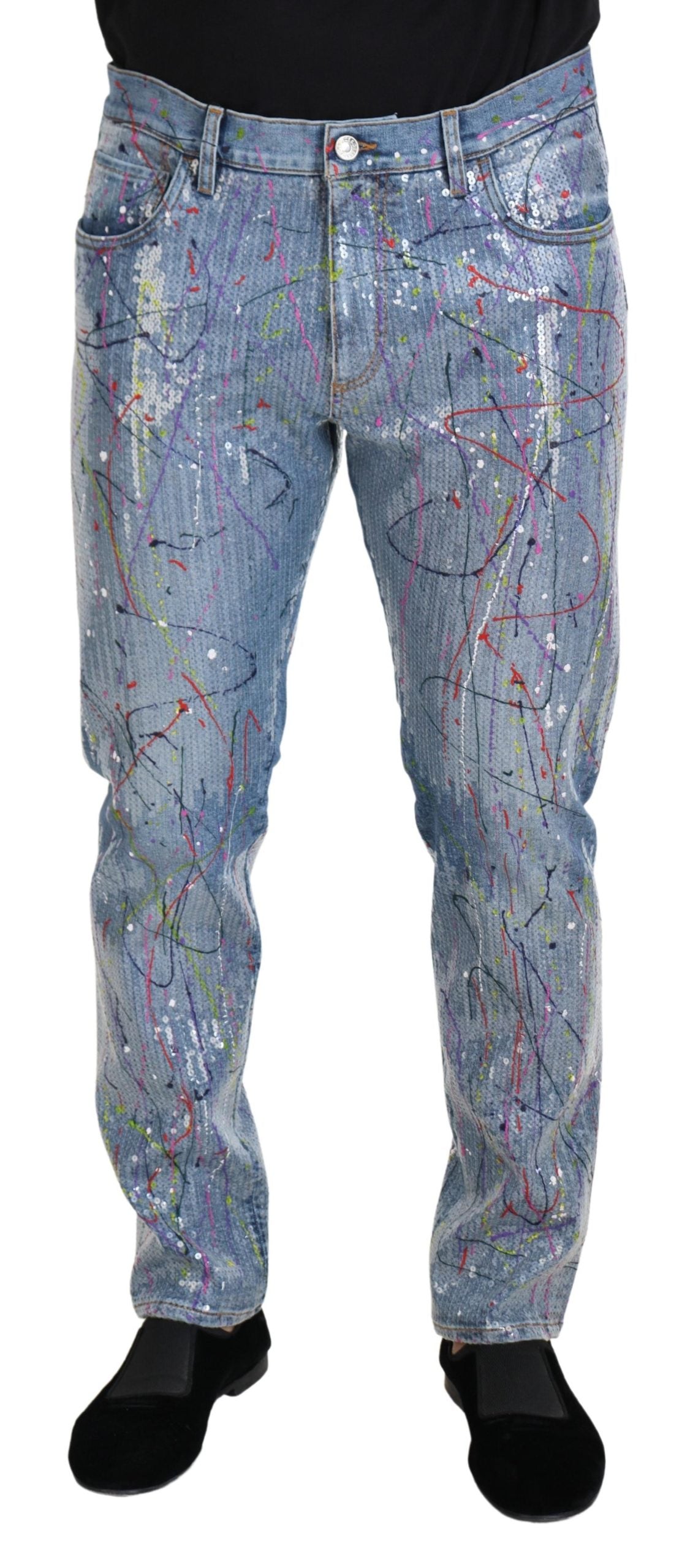 Dolce & Gabbana Blue Cotton Color Splash Print Denim Jeans Dolce & Gabbana