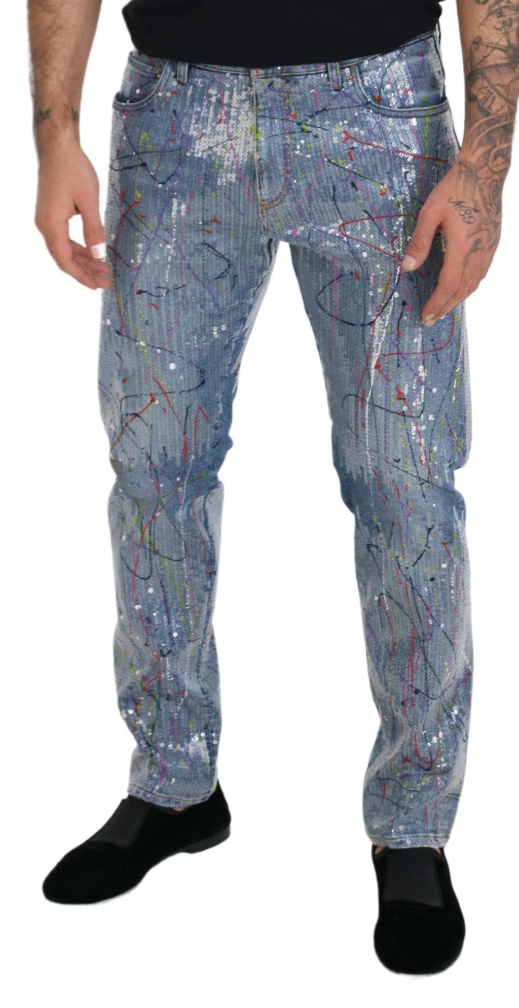 Dolce & Gabbana Blue Cotton Color Splash Print Denim Jeans Dolce & Gabbana