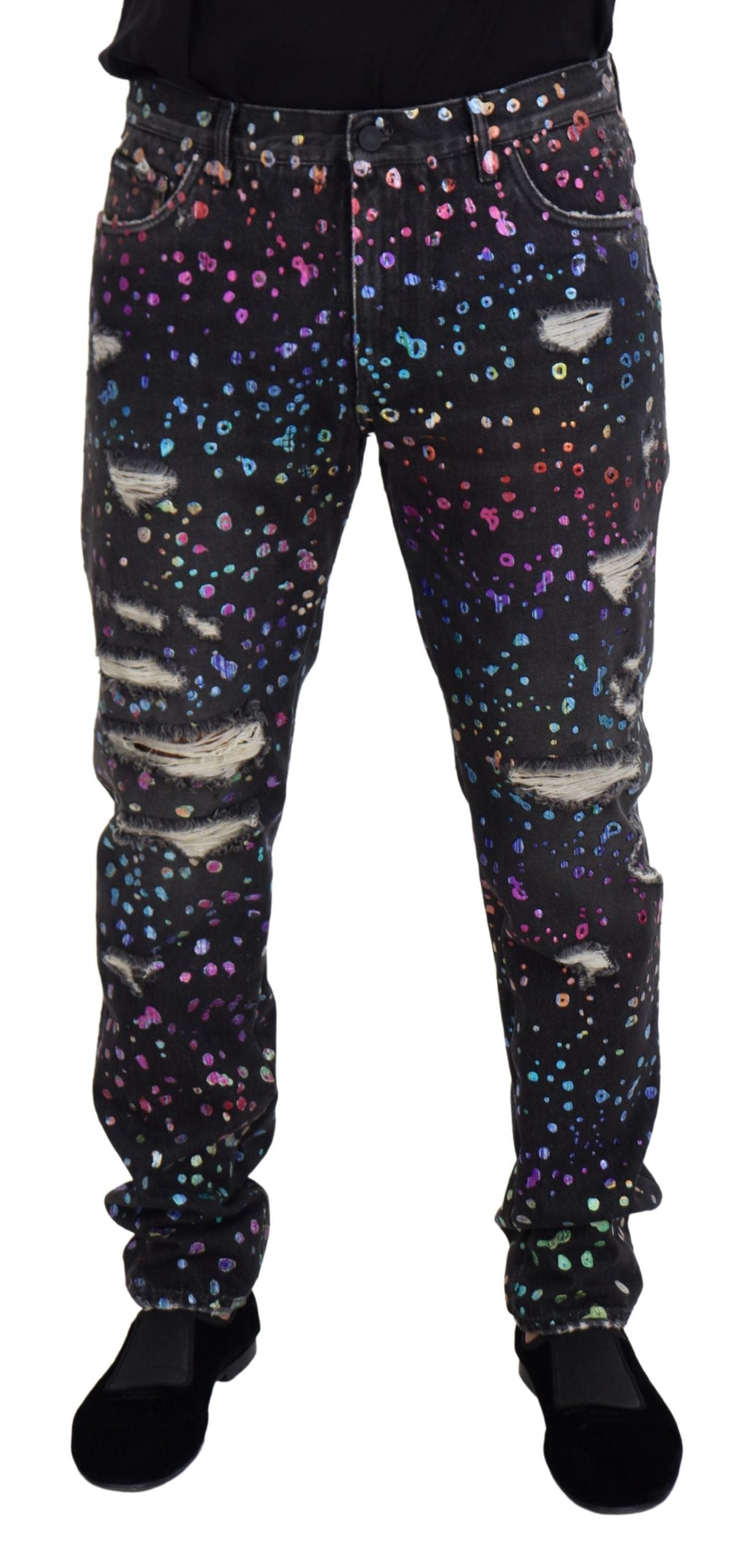 Dolce & Gabbana Black Multicolor Print Tattered Denim Jeans Dolce & Gabbana