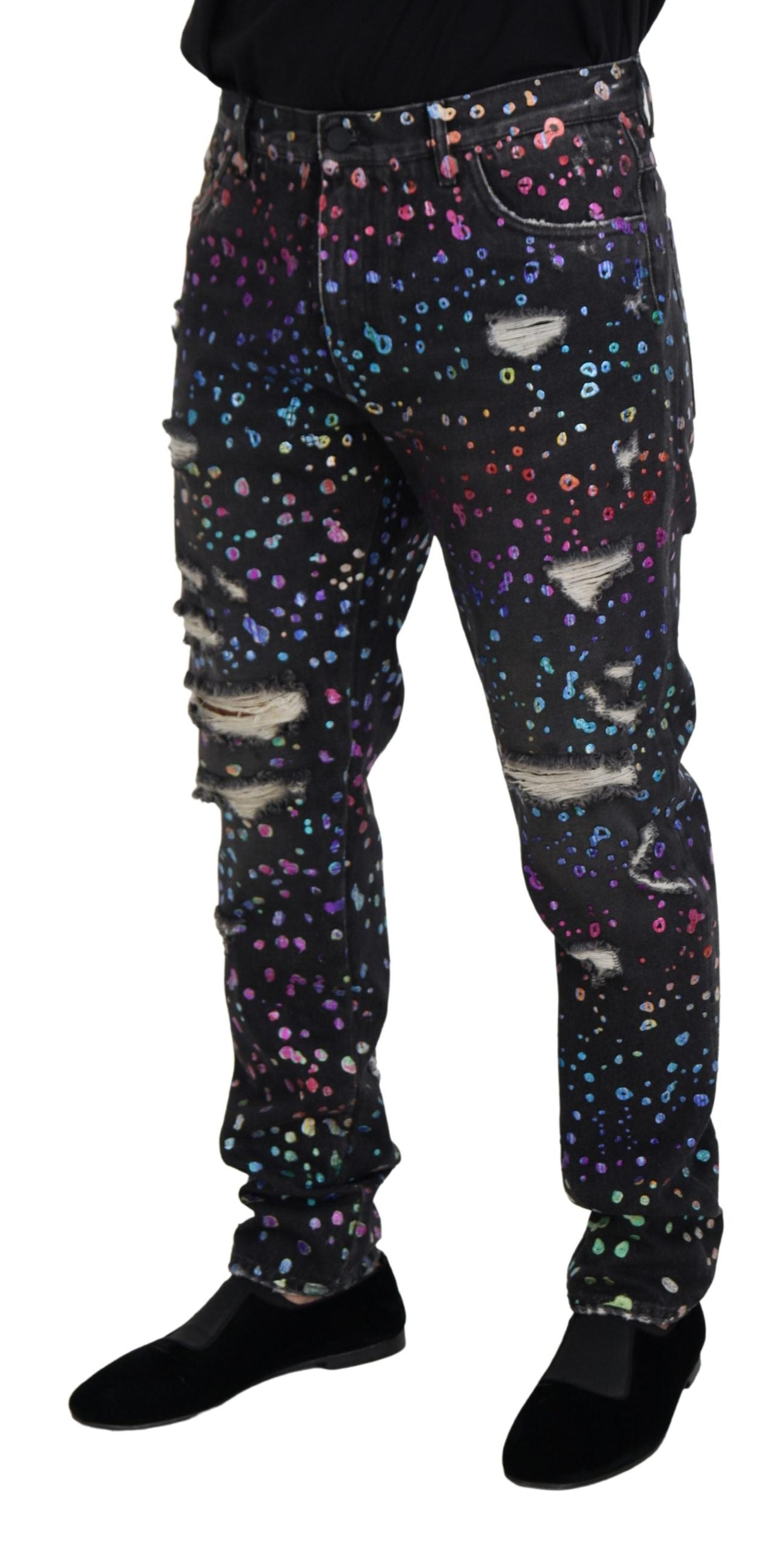 Dolce & Gabbana Black Multicolor Print Tattered Denim Jeans Dolce & Gabbana