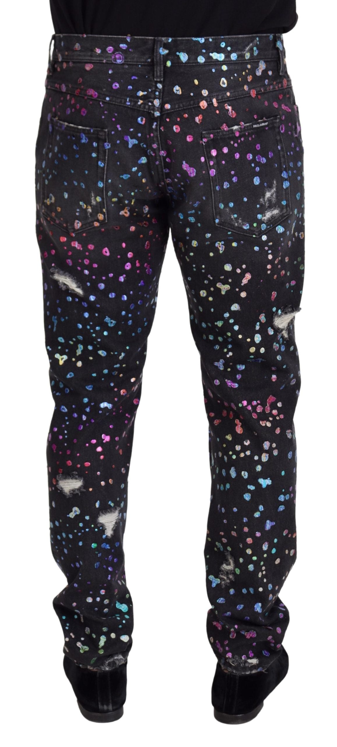 Dolce & Gabbana Black Multicolor Print Tattered Denim Jeans Dolce & Gabbana