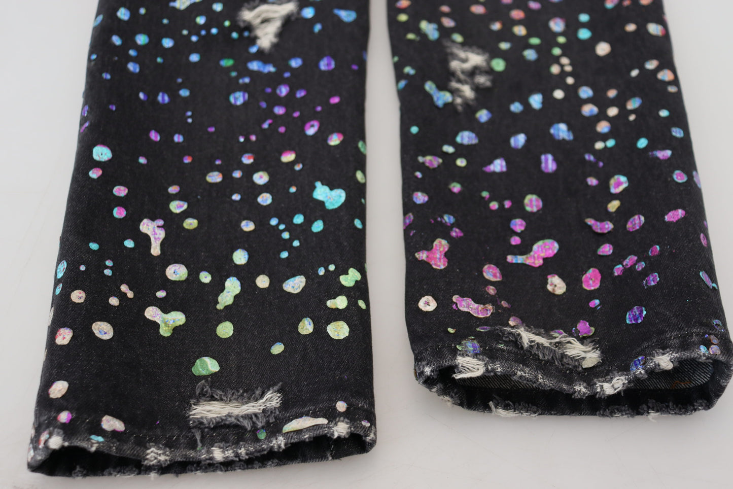 Dolce & Gabbana Black Multicolor Print Tattered Denim Jeans Dolce & Gabbana