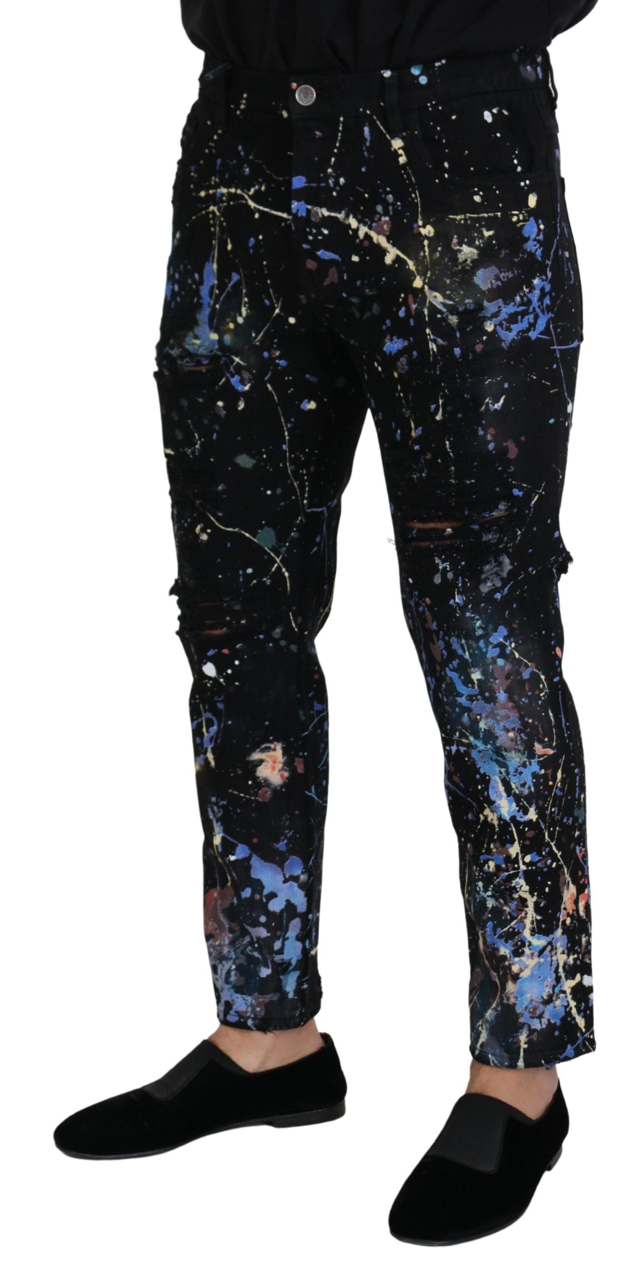 Dolce & Gabbana Black Cotton Color Splash Print Denim Jeans Dolce & Gabbana