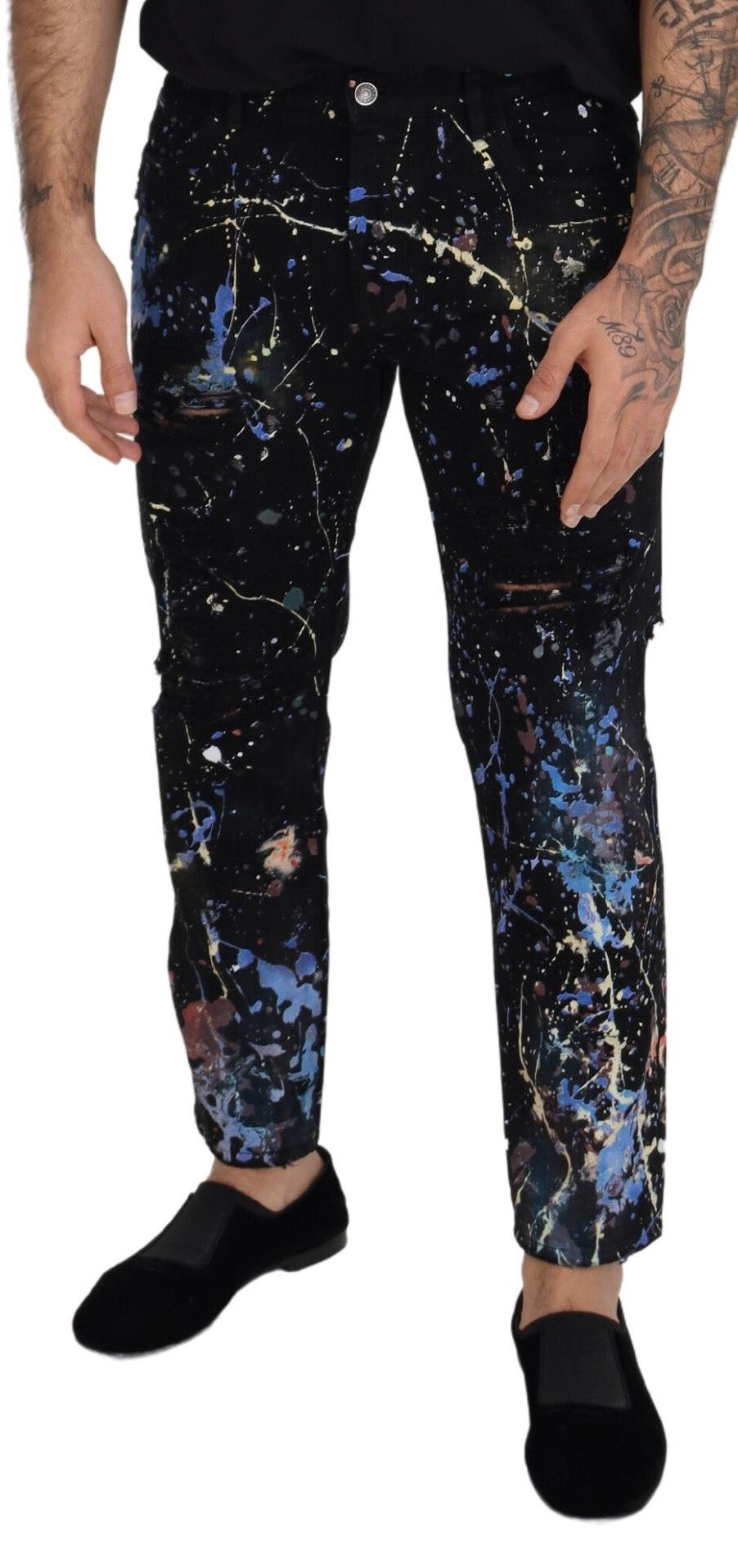 Dolce & Gabbana Black Cotton Color Splash Print Denim Jeans Dolce & Gabbana