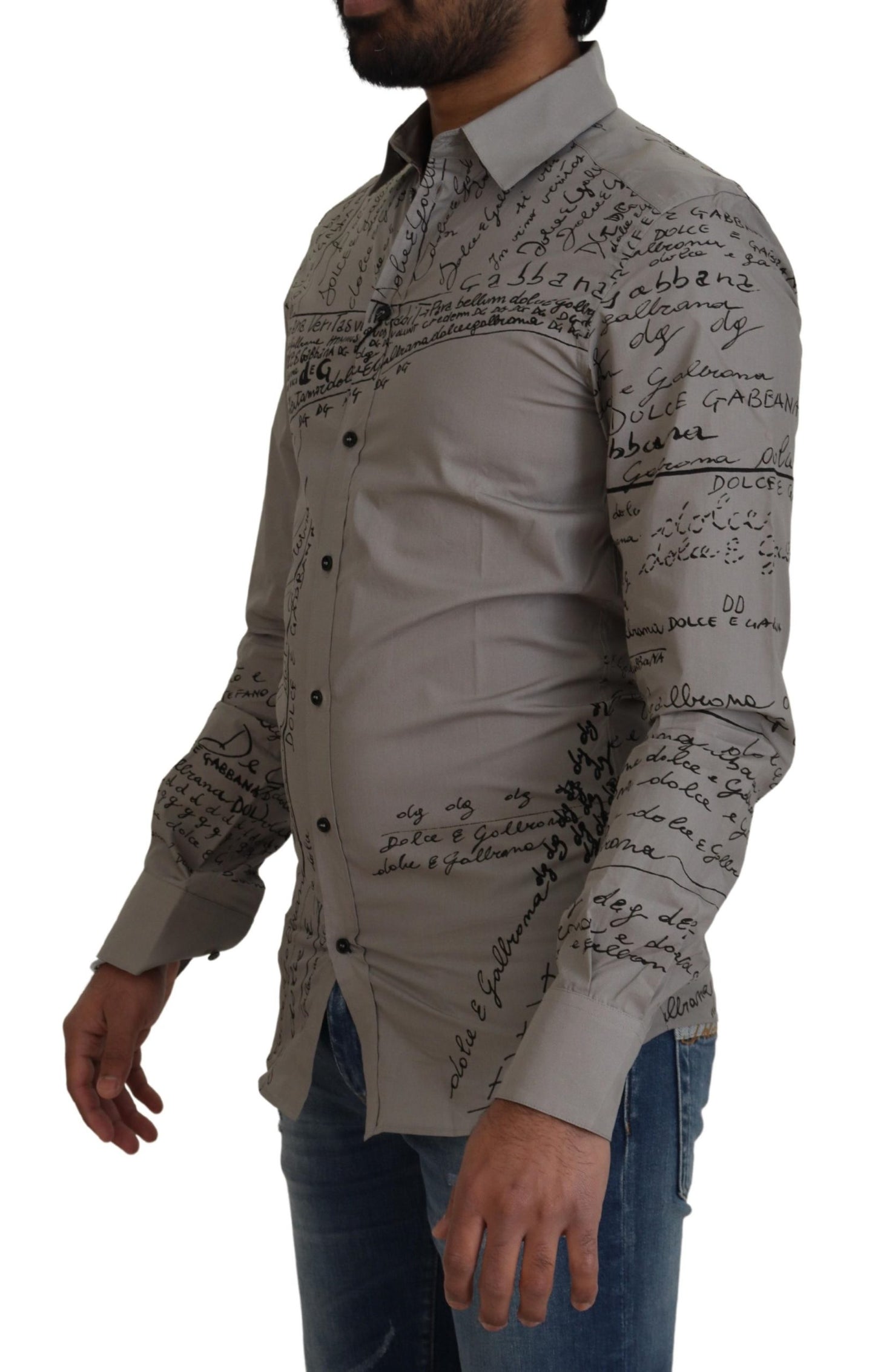 Dolce & Gabbana Gray Printed Cotton Slim Dress GOLD Shirt Dolce & Gabbana