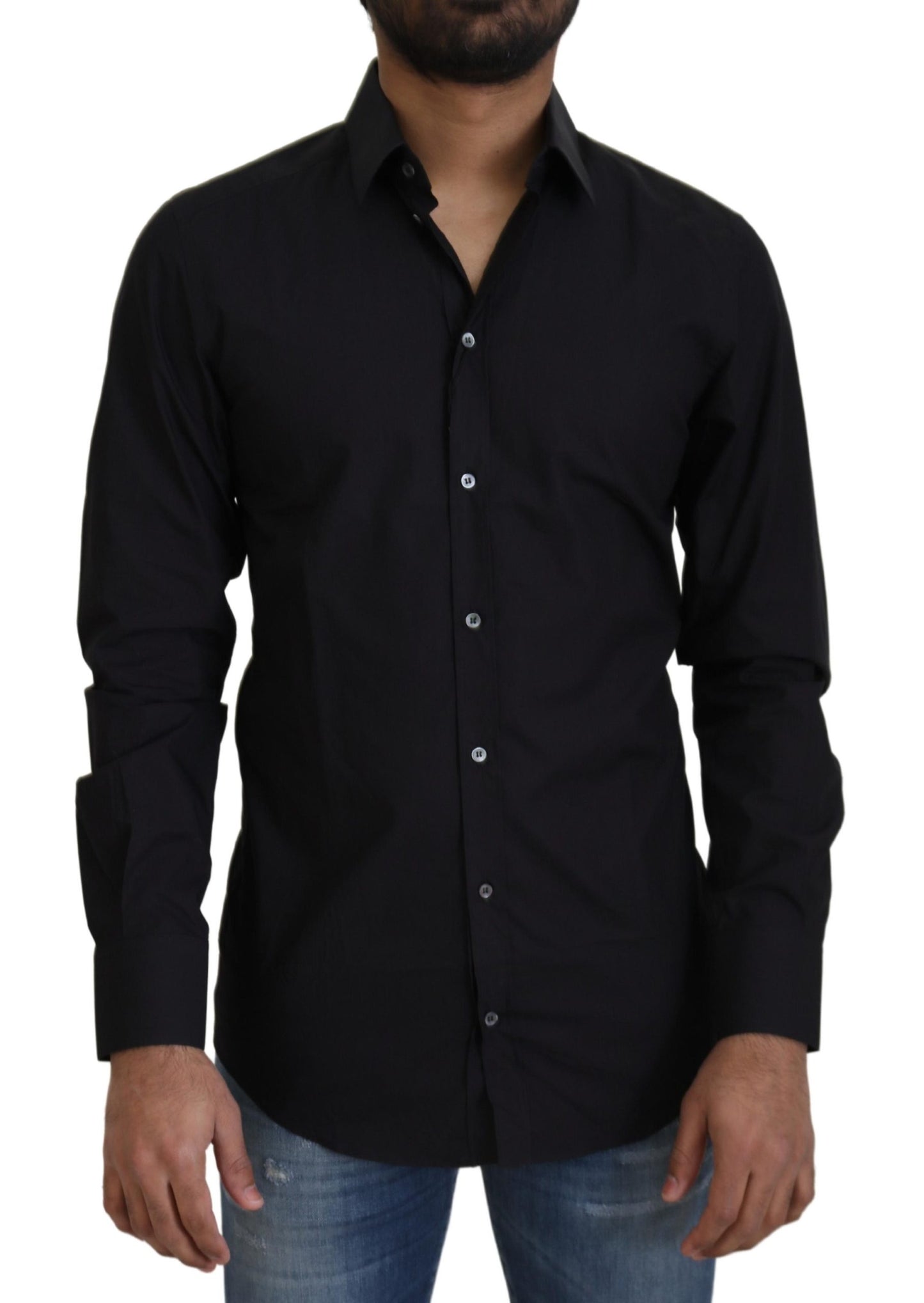 Dolce & Gabbana Black Cotton Slim Fit Formal Dress GOLD Shirt Dolce & Gabbana