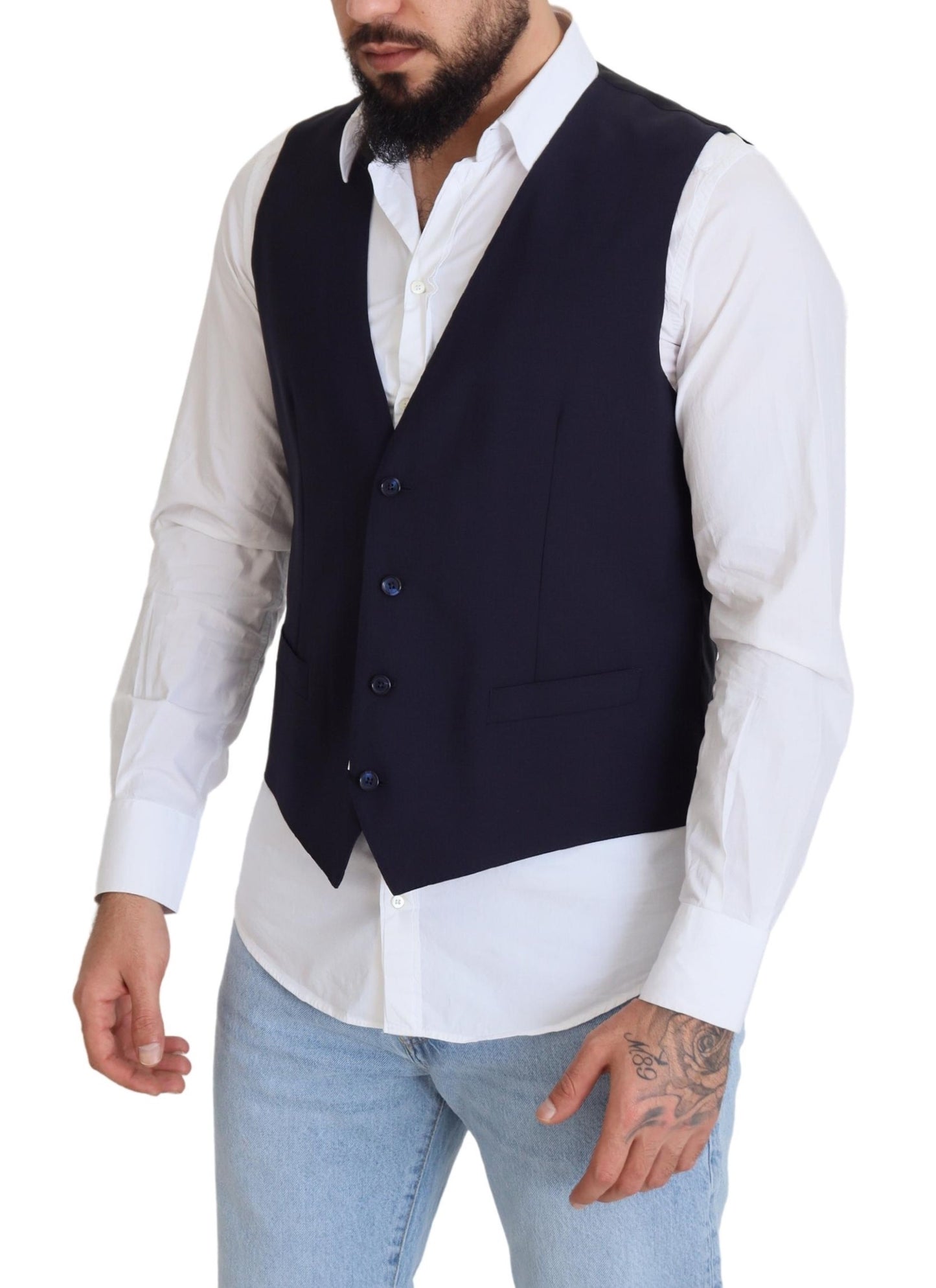 Dolce & Gabbana Dark Blue Wool Stretch Waistcoat Formal Vest Dolce & Gabbana