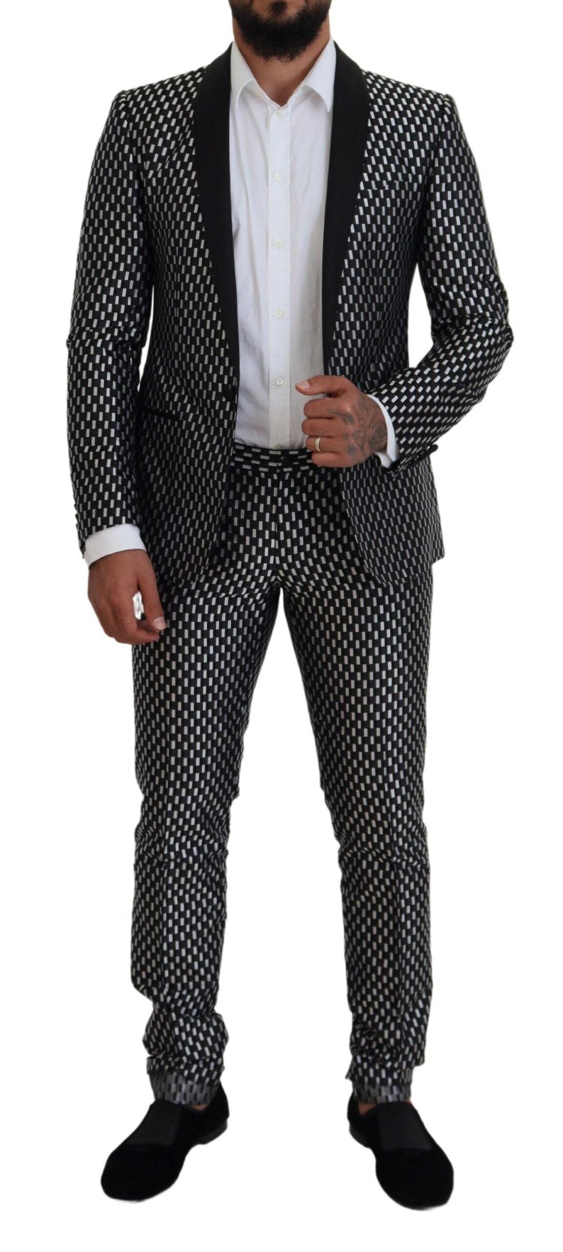 Dolce & Gabbana Black White Silk MARTINI Slim Fit Suit Dolce & Gabbana