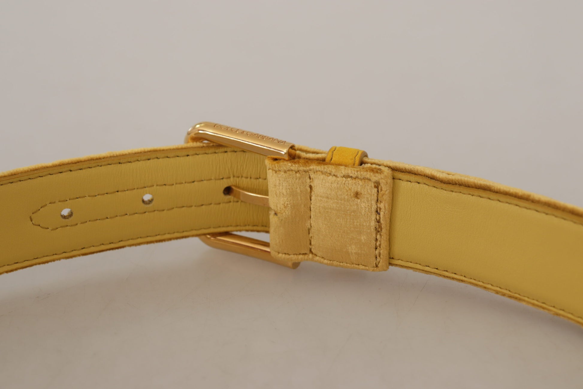 Dolce & Gabbana Yellow Velvet Gold Metal Logo Engraved Buckle Belt Dolce & Gabbana