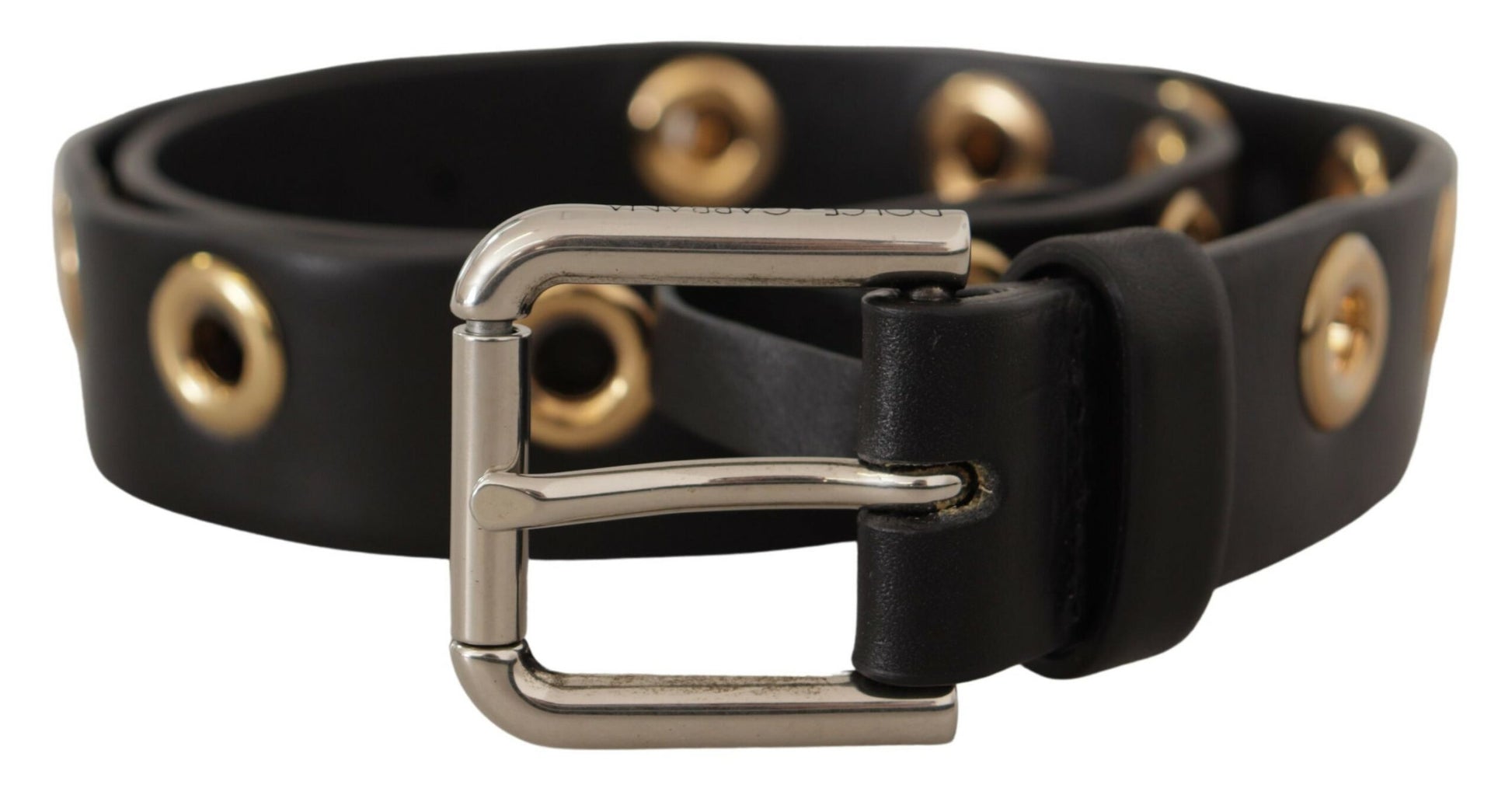 Dolce & Gabbana Black Leather Eyelet Silver Tone Metal Buckle Belt Dolce & Gabbana