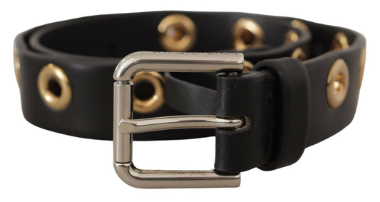 Dolce & Gabbana Black Leather Eyelet Silver Tone Metal Buckle Belt Dolce & Gabbana