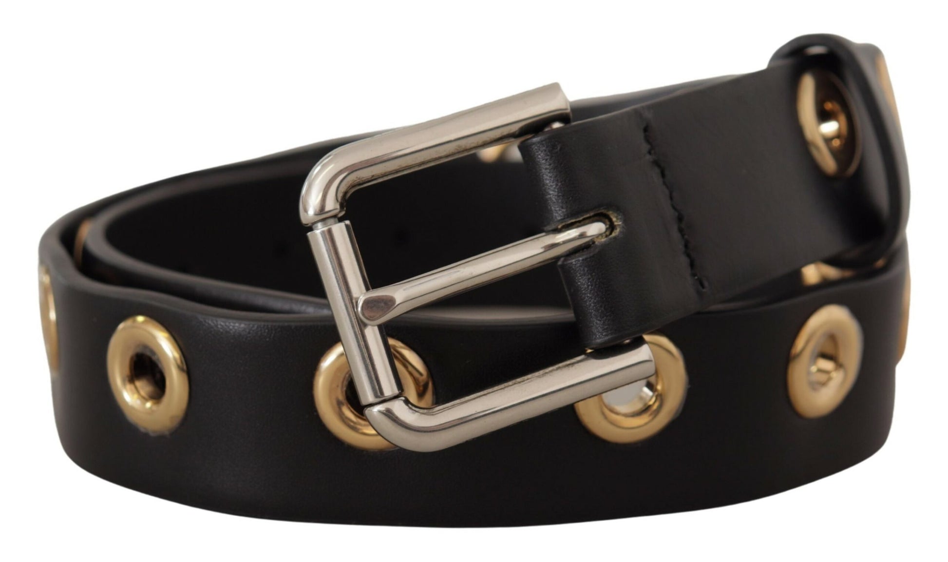 Dolce & Gabbana Black Leather Eyelet Silver Tone Metal Buckle Belt Dolce & Gabbana