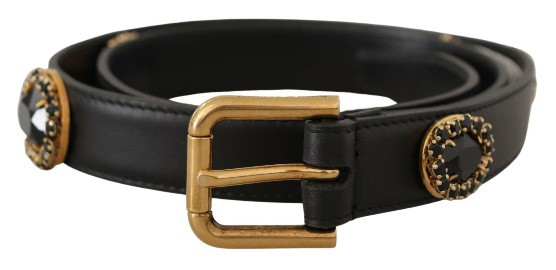 Dolce & Gabbana Black Leather Embellished Crystal Logo Belt Dolce & Gabbana