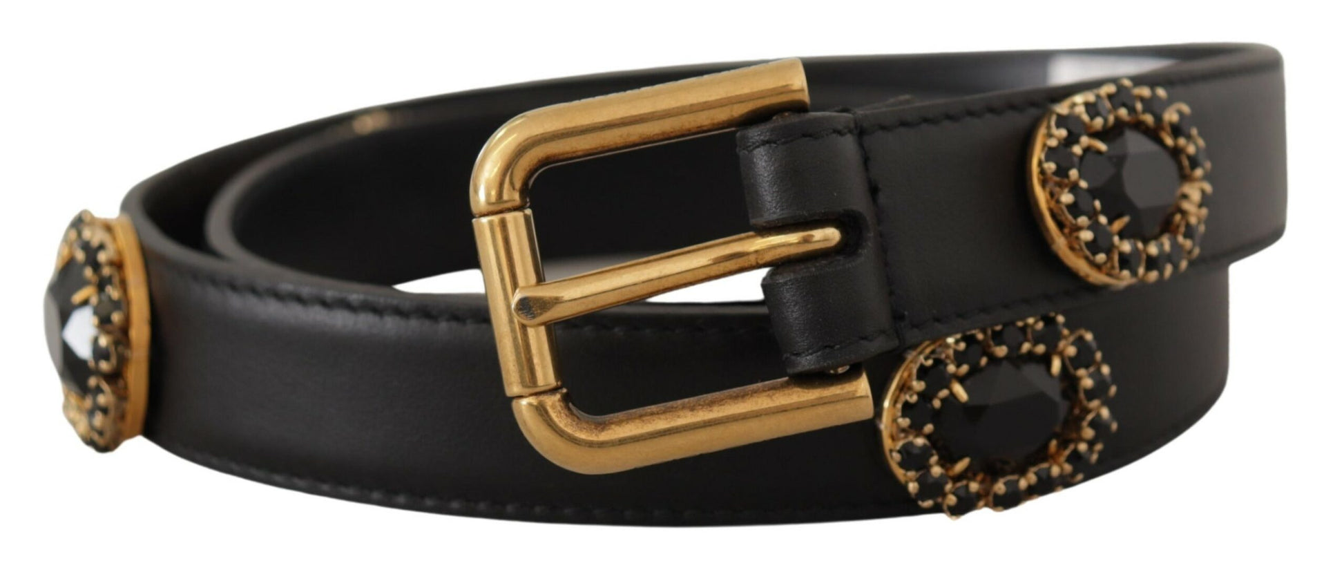 Dolce & Gabbana Black Leather Embellished Crystal Logo Belt Dolce & Gabbana