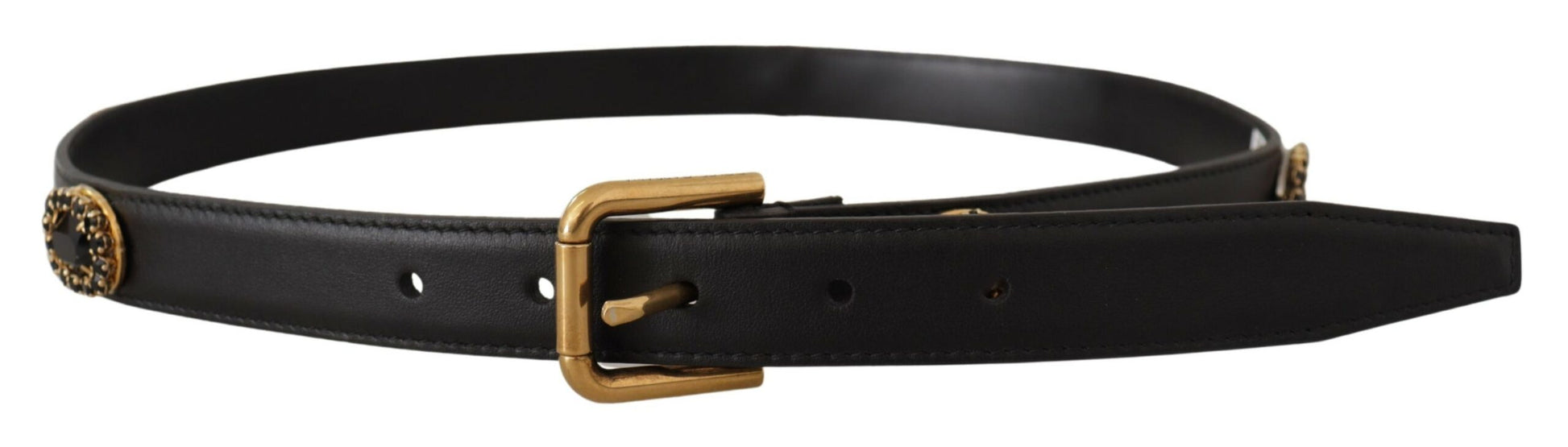 Dolce & Gabbana Black Leather Embellished Crystal Logo Belt Dolce & Gabbana