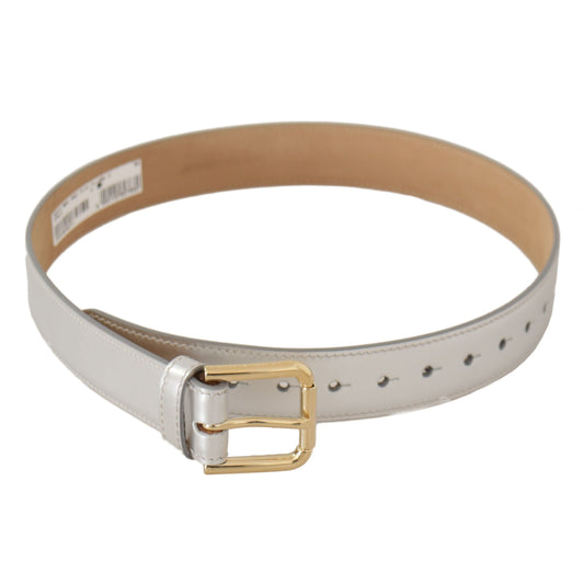Dolce & Gabbana Silver Leather Gold Tone Logo Metal Buckle Belt